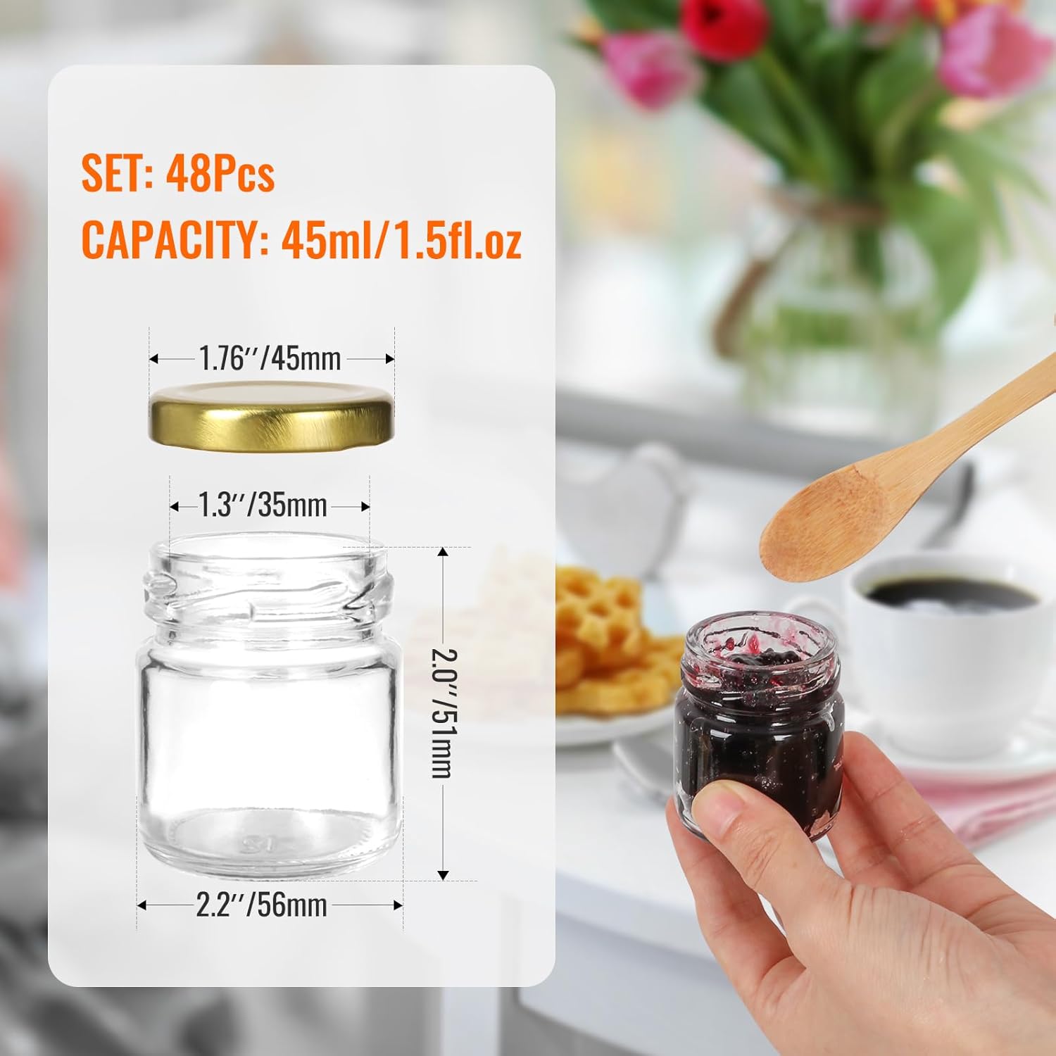48 Pack Mini Honey Jars with Dipper - 1.5oz Round Glass Jars for Wedding Favors - Includes Wooden Dippers, Bee Pendants, and Gift Packaging
