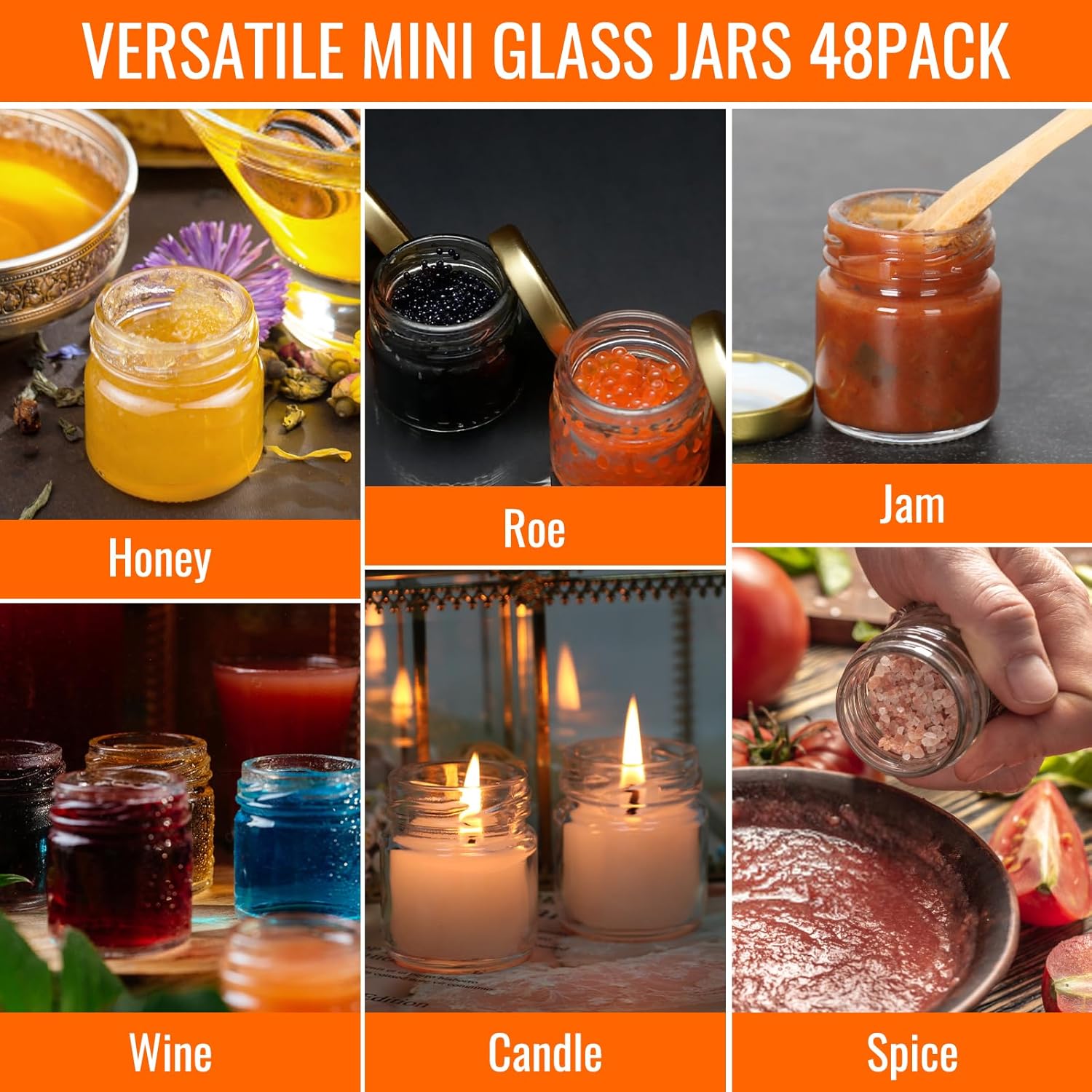 48 Pack Mini Honey Jars with Dipper - 1.5oz Round Glass Jars for Wedding Favors - Includes Wooden Dippers, Bee Pendants, and Gift Packaging