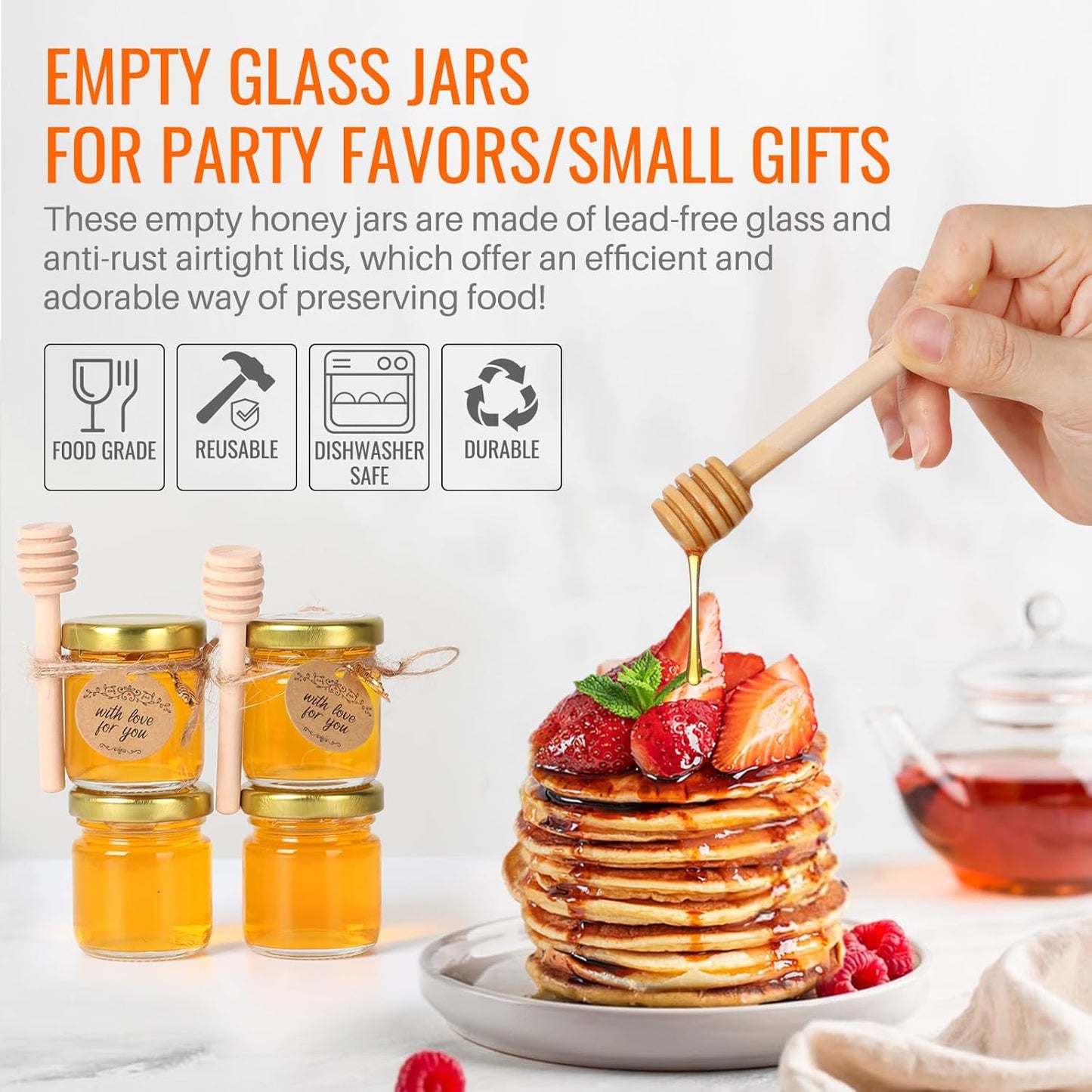 48 Pack Mini Honey Jars with Dipper - 1.5oz Round Glass Jars for Wedding Favors - Includes Wooden Dippers, Bee Pendants, and Gift Packaging