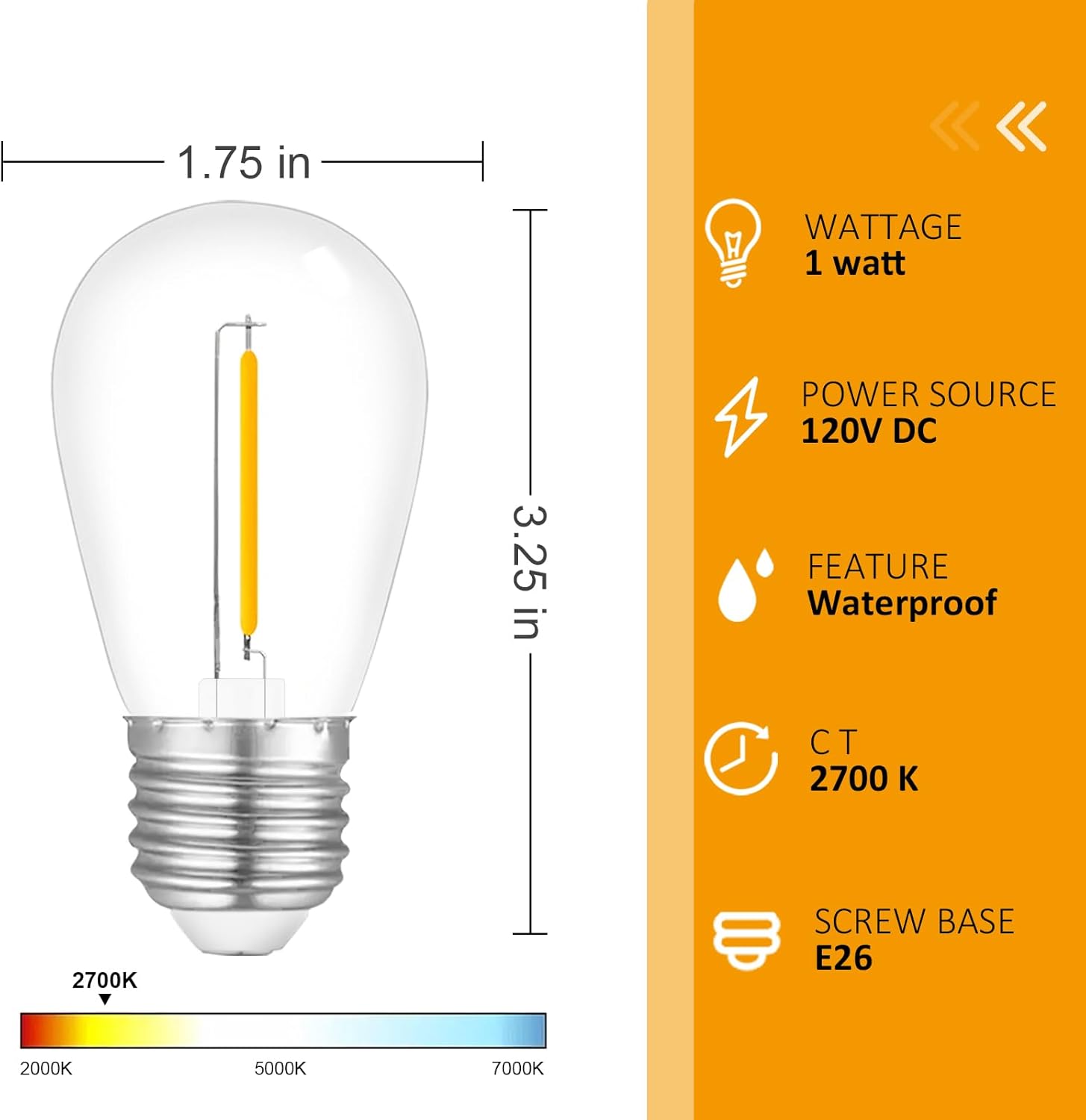 48-Pack Visther LED Outdoor String Light Bulbs - Waterproof S14 Replacement Bulb - E26 Base - 1W 120V - 2700K Warm White - Energy Efficient Lighting Solution for Outdoor Spaces