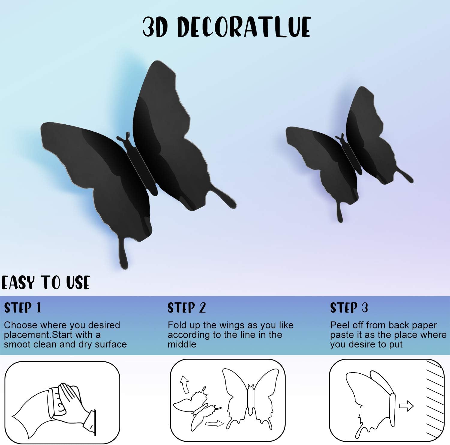 48-Piece DIY Mirror 3D Butterfly Stickers for Home Decor - Removable Decals for Bedroom, Bathroom, Living Room (Black)