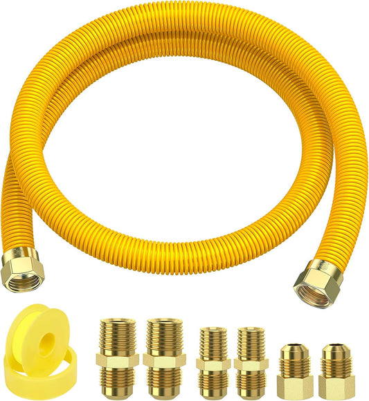48" Stainless Steel Gas Line Kit for Gas Dryer, Stove, Water Heater - Flexible Gas Hose with Connectors - 5/8" OD (1/2" ID) - 1/2" MIP, 1/2" FIP, 3/4" MIP - Alloxity Gas Line