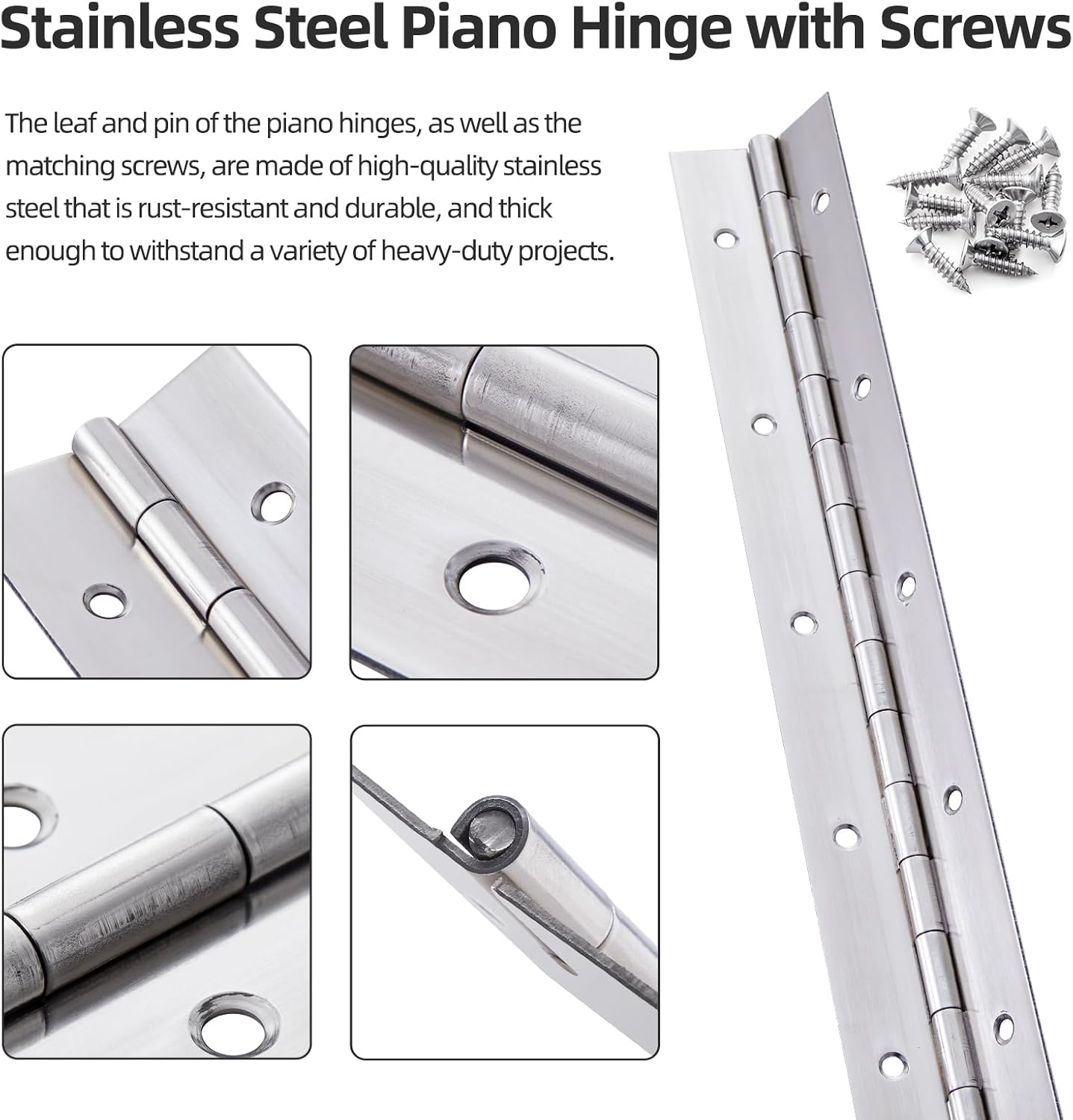 48" Stainless Steel Heavy Duty Piano Hinge with Holes for Cabinet, Door, DIY Wood Boxes - 0.060" Leaf Thickness