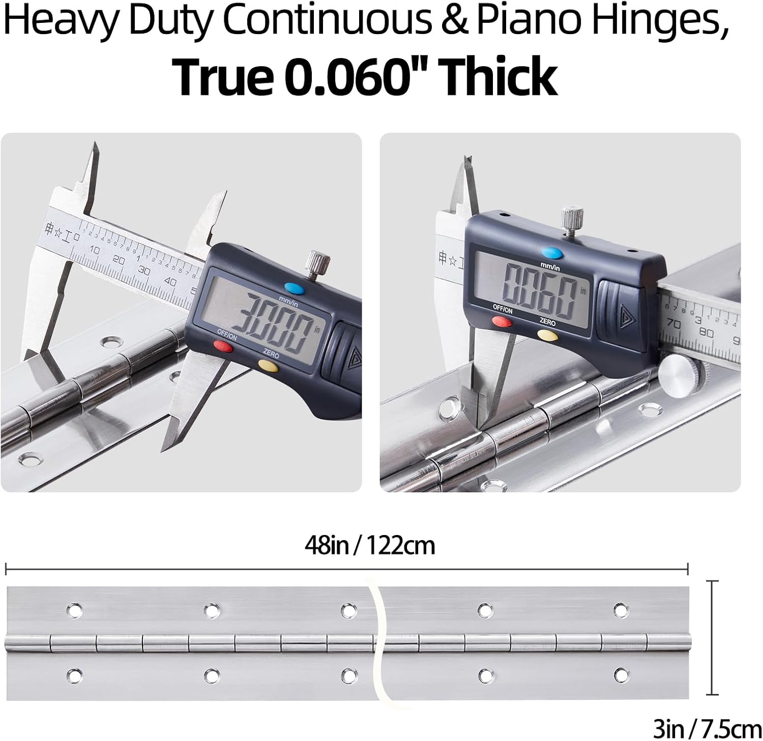 48" Stainless Steel Piano Hinge with Holes - Heavy Duty Continuous Hinges for Cabinets, Doors, Wood Boxes - 0.060" Leaf Thickness, 3" Open Width