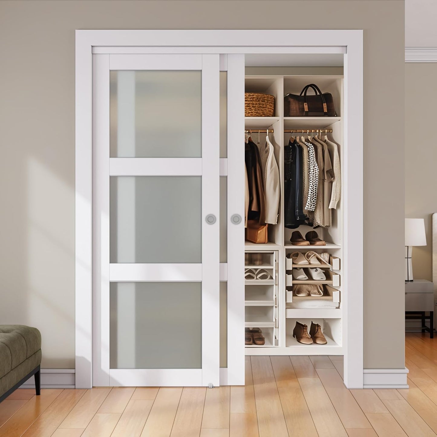 48x80 Smartstandard Double Frosted Glass Sliding Closet Door with Hardware Kit - Pre-Drilled Panel - White MDF PVC Surface