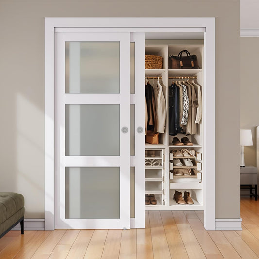 48x80 Smartstandard Double Frosted Glass Sliding Closet Door with Hardware Kit - Pre-Drilled Panel - White MDF PVC Surface