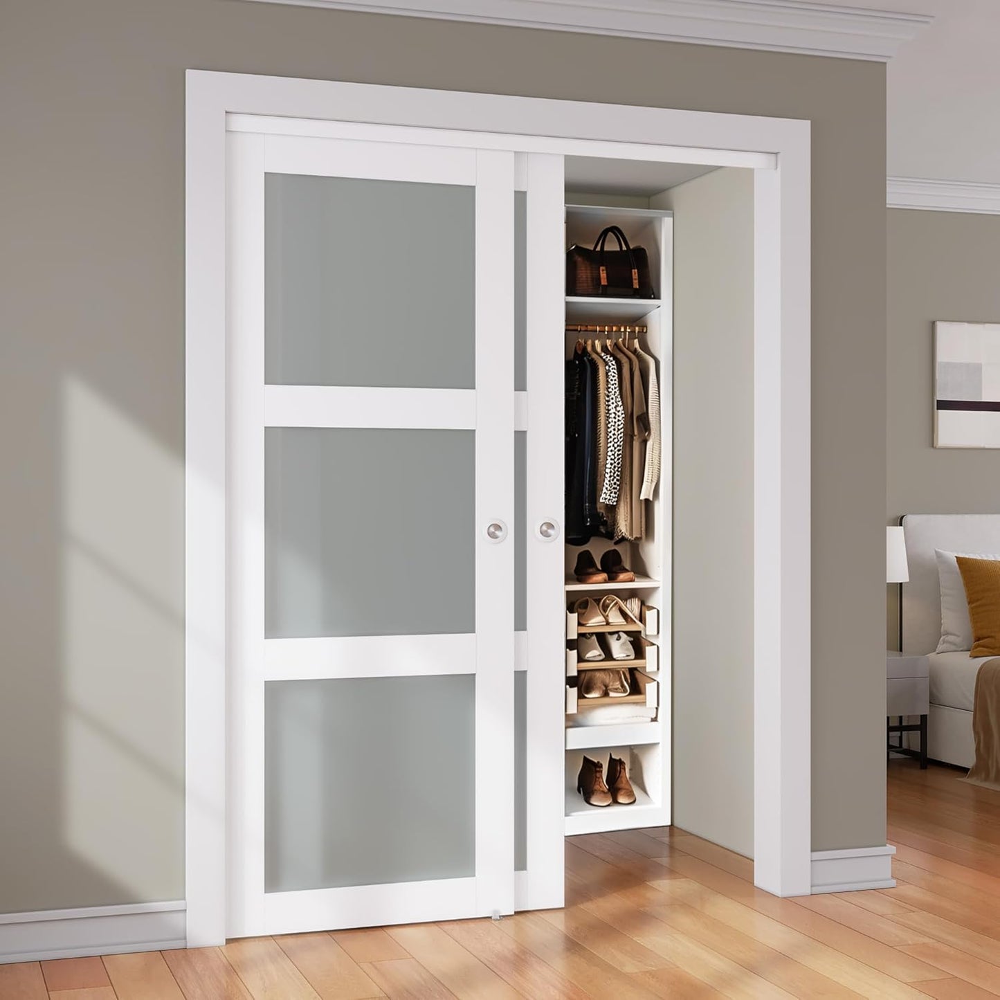 48x80 Smartstandard Double Frosted Glass Sliding Closet Door with Hardware Kit - Pre-Drilled Panel - White MDF PVC Surface