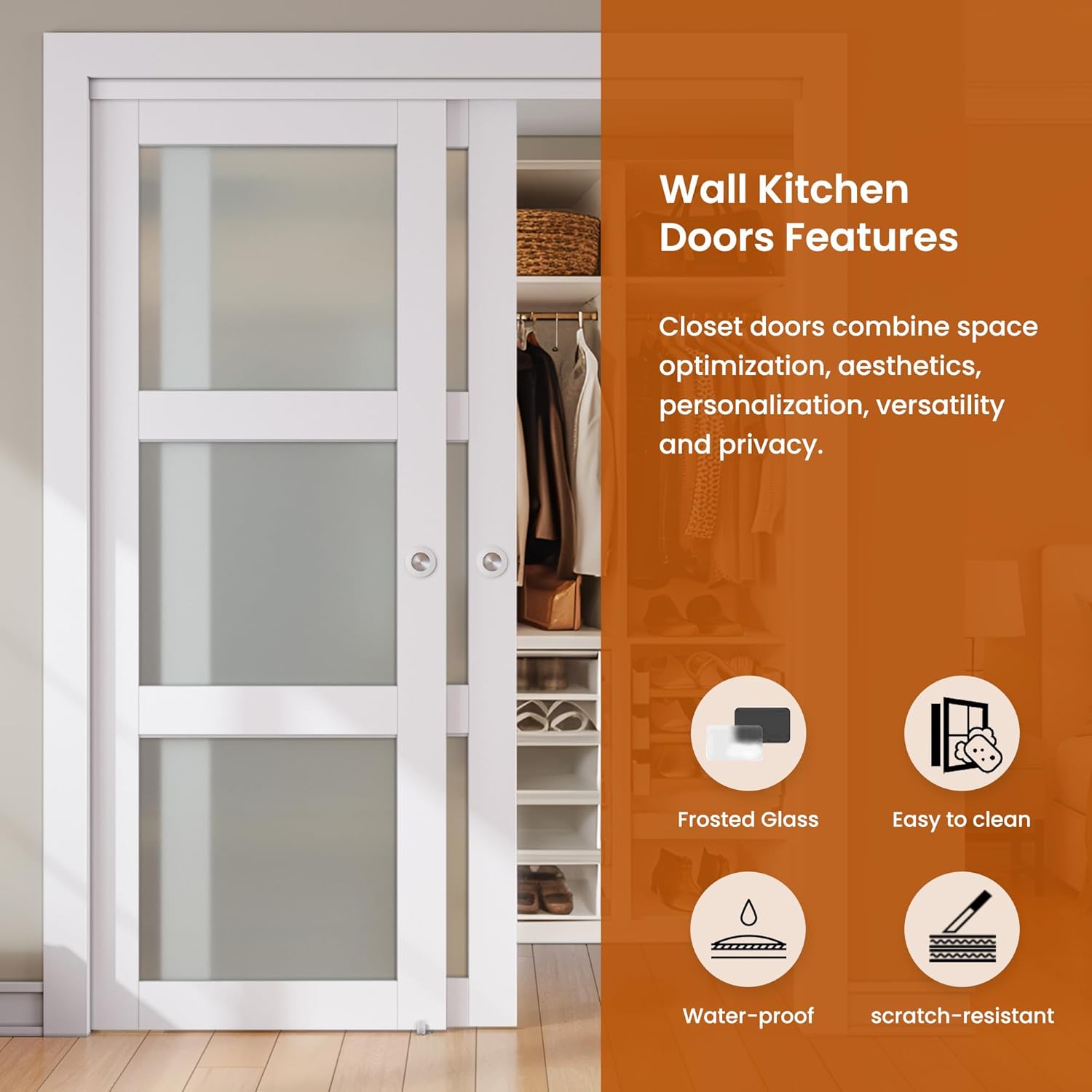 48x80 Smartstandard Double Frosted Glass Sliding Closet Door with Hardware Kit - Pre-Drilled Panel - White MDF PVC Surface