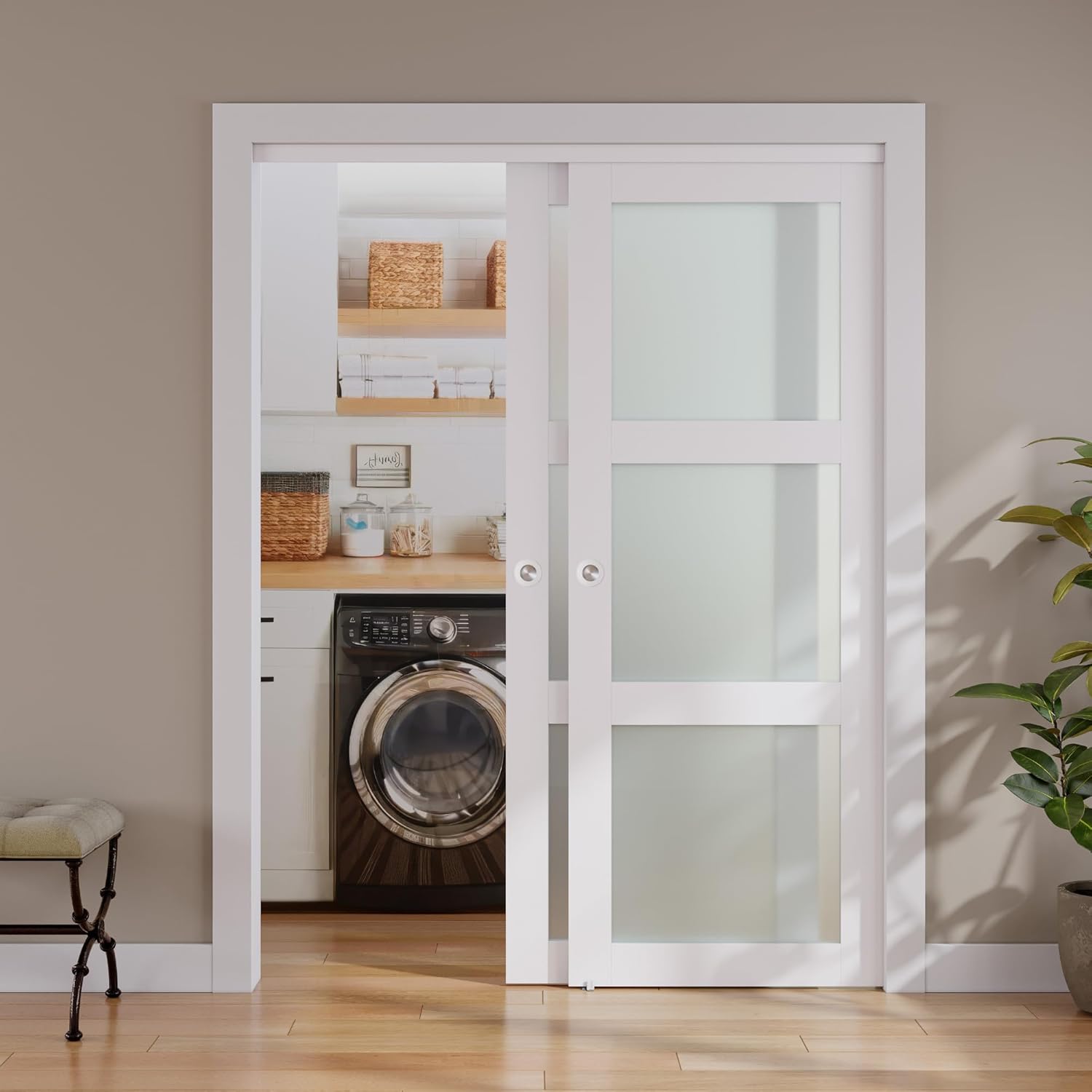48x80 Smartstandard Double Frosted Glass Sliding Closet Door with Hardware Kit - Pre-Drilled Panel - White MDF PVC Surface
