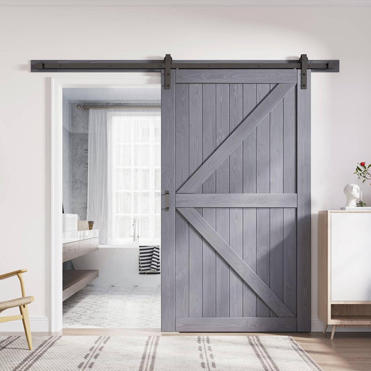 48x84 Gray Wood Barn Door Slab with 8ft Track Kit, Handle, Floor Guide - Double Surface, Easy Assembly - K-Frame, Grey