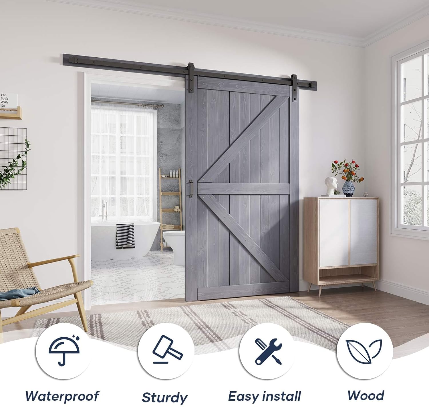 48x84 Gray Wood Barn Door Slab with 8ft Track Kit, Handle, Floor Guide - Double Surface, Easy Assembly - K-Frame, Grey