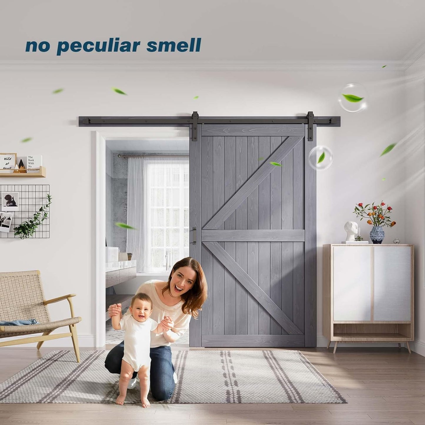 48x84 Gray Wood Barn Door Slab with 8ft Track Kit, Handle, Floor Guide - Double Surface, Easy Assembly - K-Frame, Grey