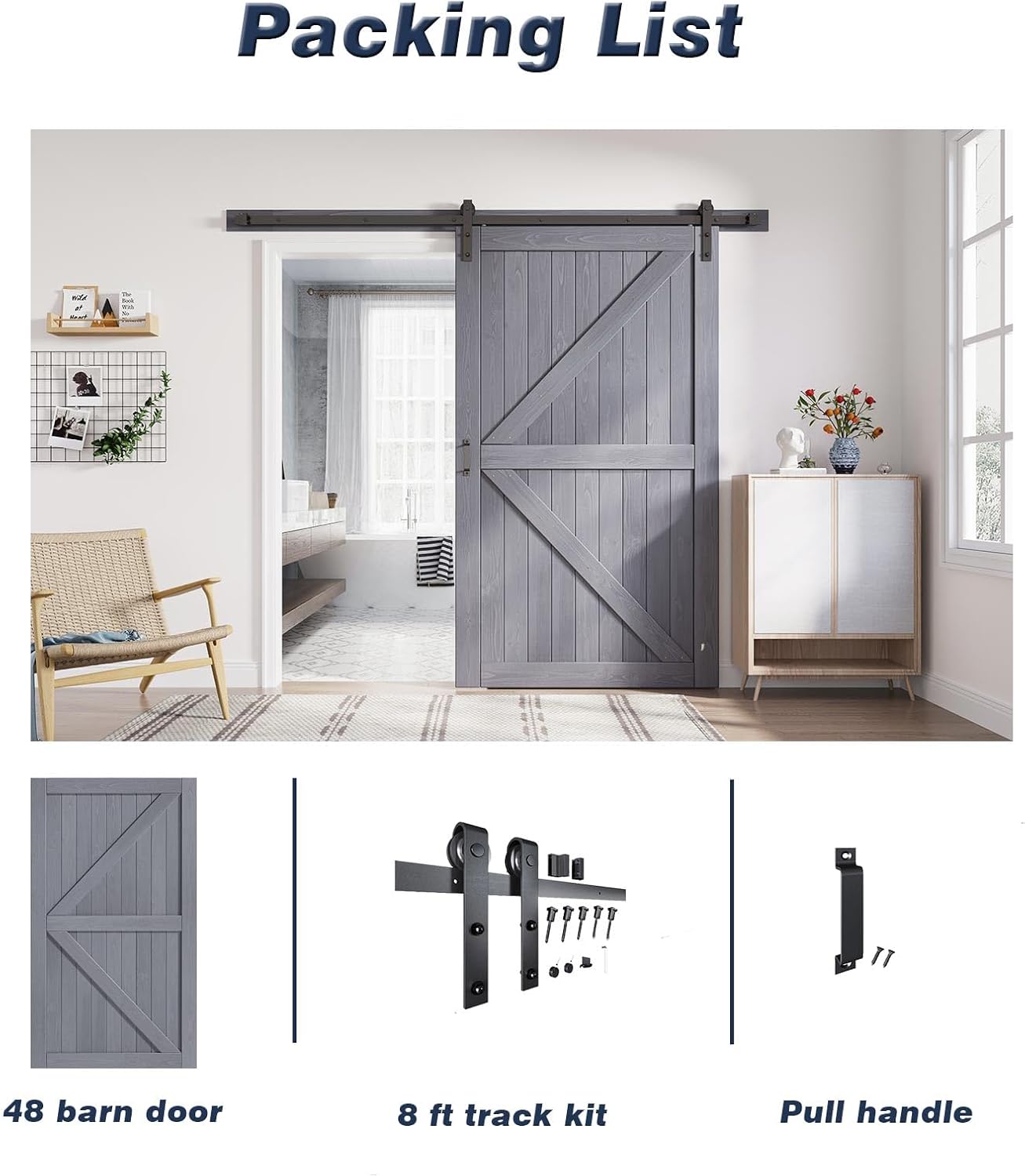 48x84 Gray Wood Barn Door Slab with 8ft Track Kit, Handle, Floor Guide - Double Surface, Easy Assembly - K-Frame, Grey