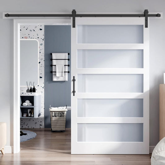 48x84 Inch Frosted Glass Sliding Barn Door with 8ft Hardware Kit - DIY Assembly, Waterproof PVC Surface