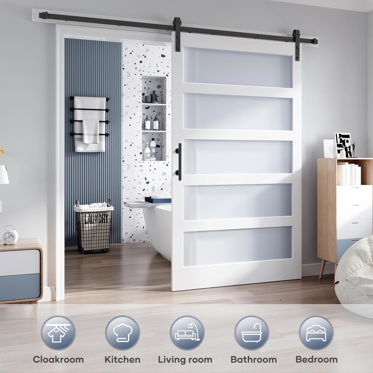 48x84 Inch Frosted Glass Sliding Barn Door with 8ft Hardware Kit - DIY Assembly, Waterproof PVC Surface