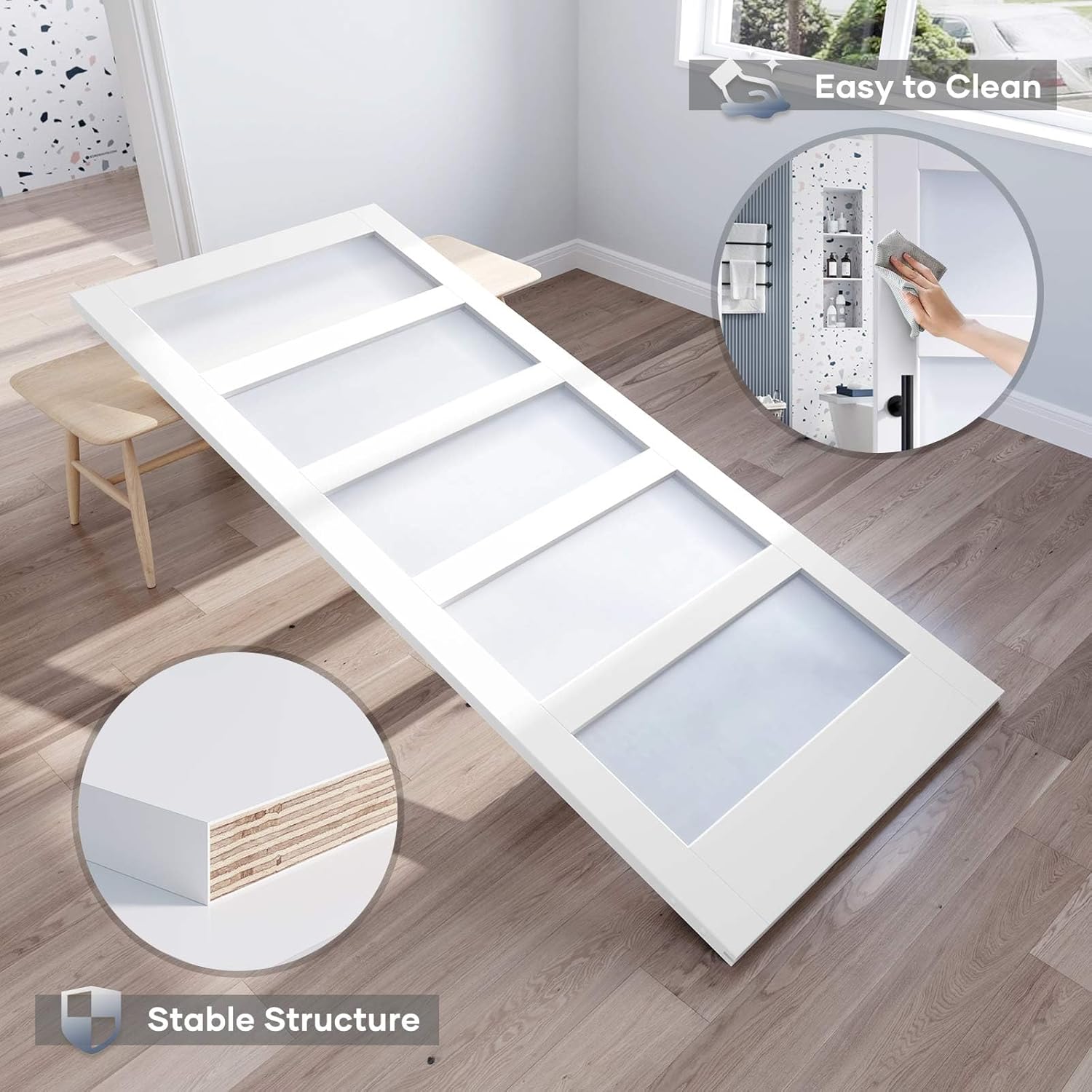 48x84 Inch Frosted Glass Sliding Barn Door with 8ft Hardware Kit - DIY Assembly, Waterproof PVC Surface