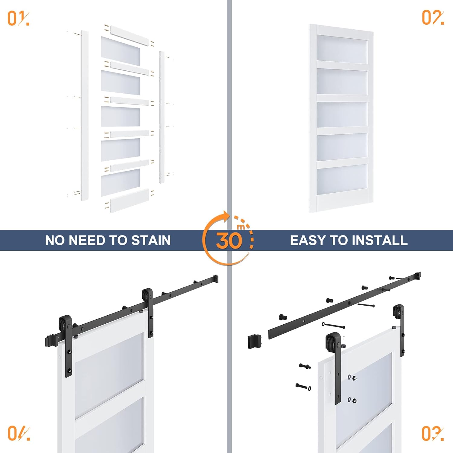 48x84 Inch Frosted Glass Sliding Barn Door with 8ft Hardware Kit - DIY Assembly, Waterproof PVC Surface