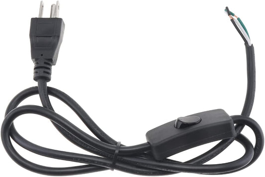 4ft Black RTNLIT Power Cord with 3-Prong Plug, On/Off Switch, and Open Wiring