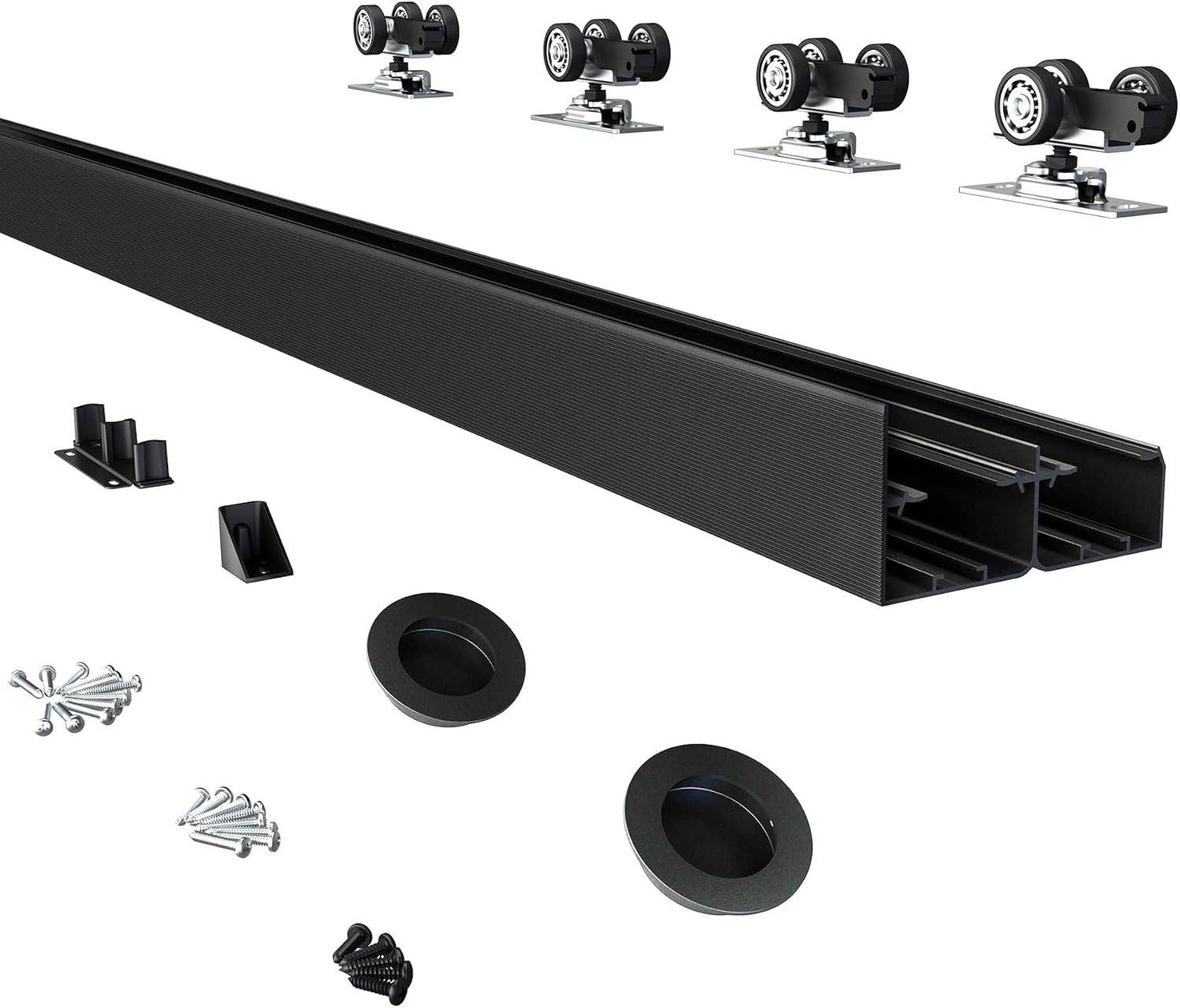 4FT Heavy Duty Bypass Door Hardware Kit for 2 Doors, Sturdy Aluminum Sliding Closet Door Track with Finger Pulls, Quiet and Smooth Operation, Fits 1 3/8" or 1 3/4" Doors, Easy Installation - Black