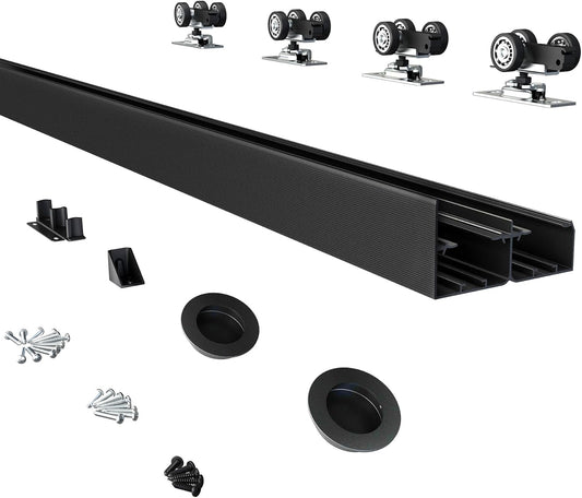 4FT Heavy Duty Bypass Door Hardware Kit for 2 Doors, Sturdy Aluminum Sliding Closet Door Track with Finger Pulls, Quiet and Smooth Operation, Fits 1 3/8" or 1 3/4" Doors, Easy Installation - Black