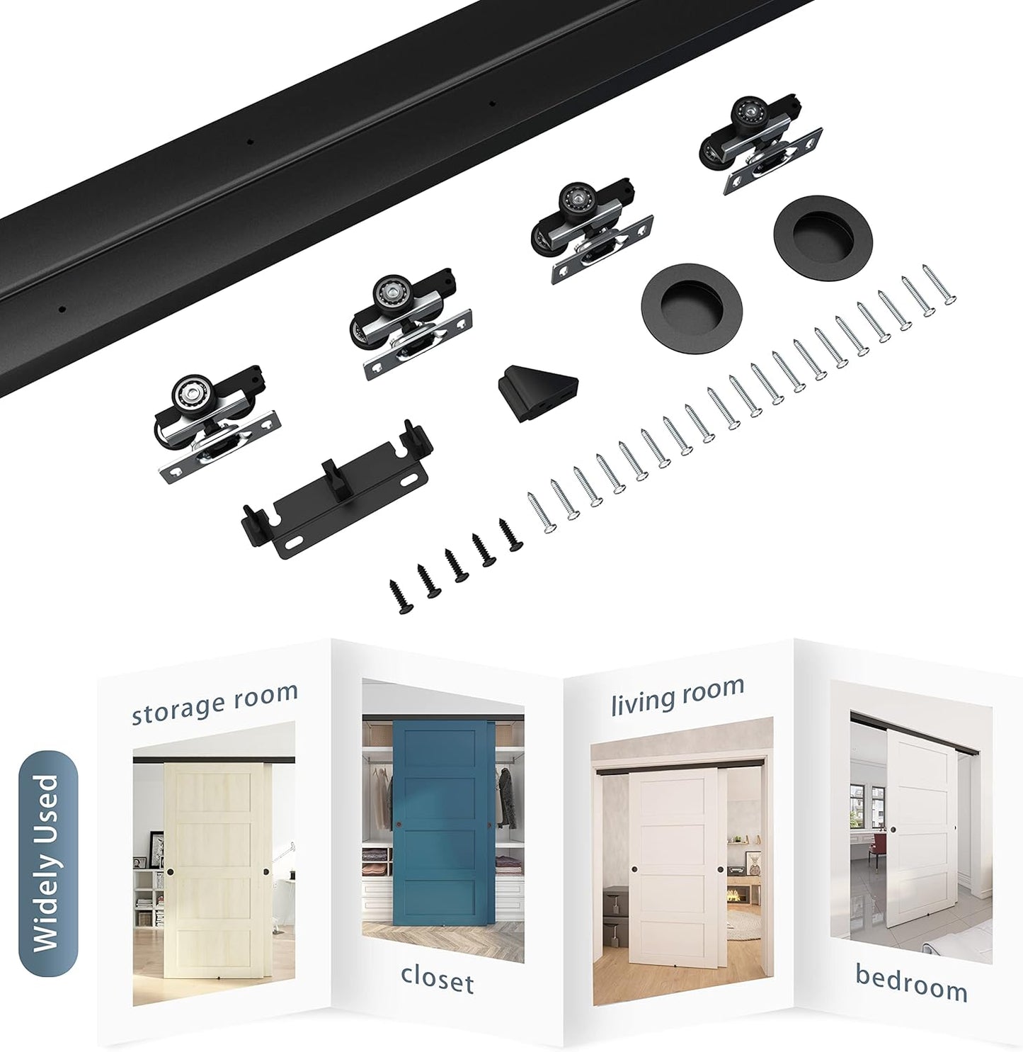 4FT Heavy Duty Bypass Door Hardware Kit for 2 Doors, Sturdy Aluminum Sliding Closet Door Track with Finger Pulls, Quiet and Smooth Operation, Fits 1 3/8" or 1 3/4" Doors, Easy Installation - Black