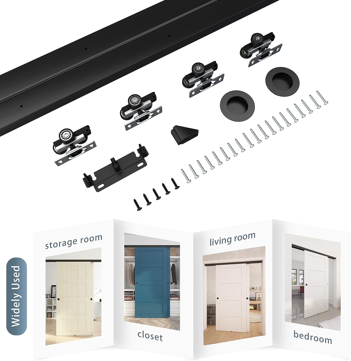 4FT Heavy Duty Bypass Door Hardware Kit for 2 Doors, Sturdy Aluminum Sliding Closet Door Track with Finger Pulls, Quiet and Smooth Operation, Fits 1 3/8" or 1 3/4" Doors, Easy Installation - Black