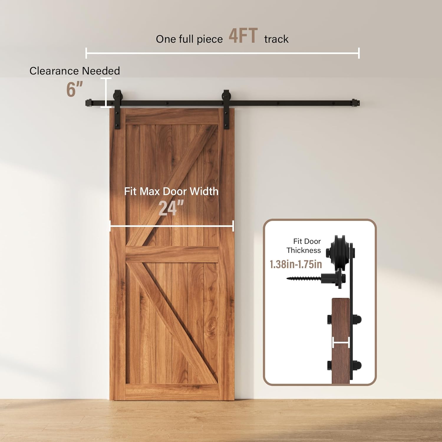4FT Single Sliding Barn Door Hardware Kit - Black Carbon Steel Track Rail - Easy Install J-Shape for 29" Closet - Heavy Duty