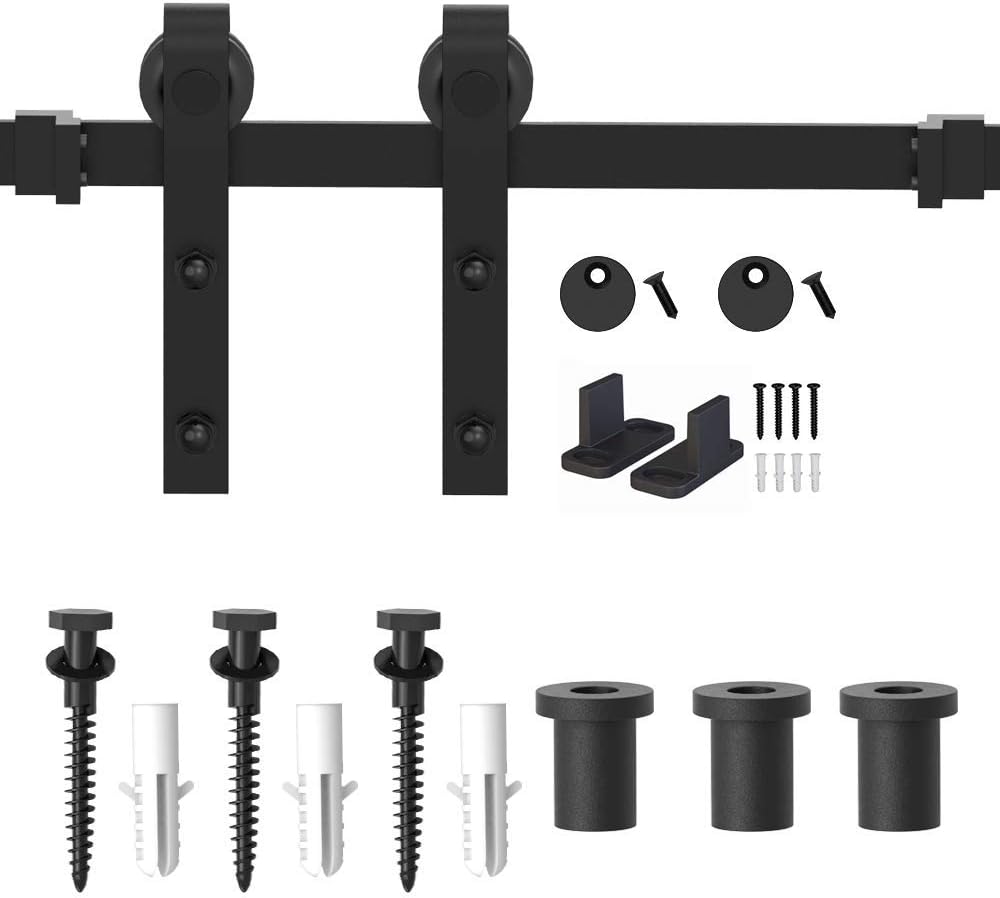 4FT Single Sliding Barn Door Hardware Kit - Black Carbon Steel Track Rail - Easy Install J-Shape for 29" Closet - Heavy Duty