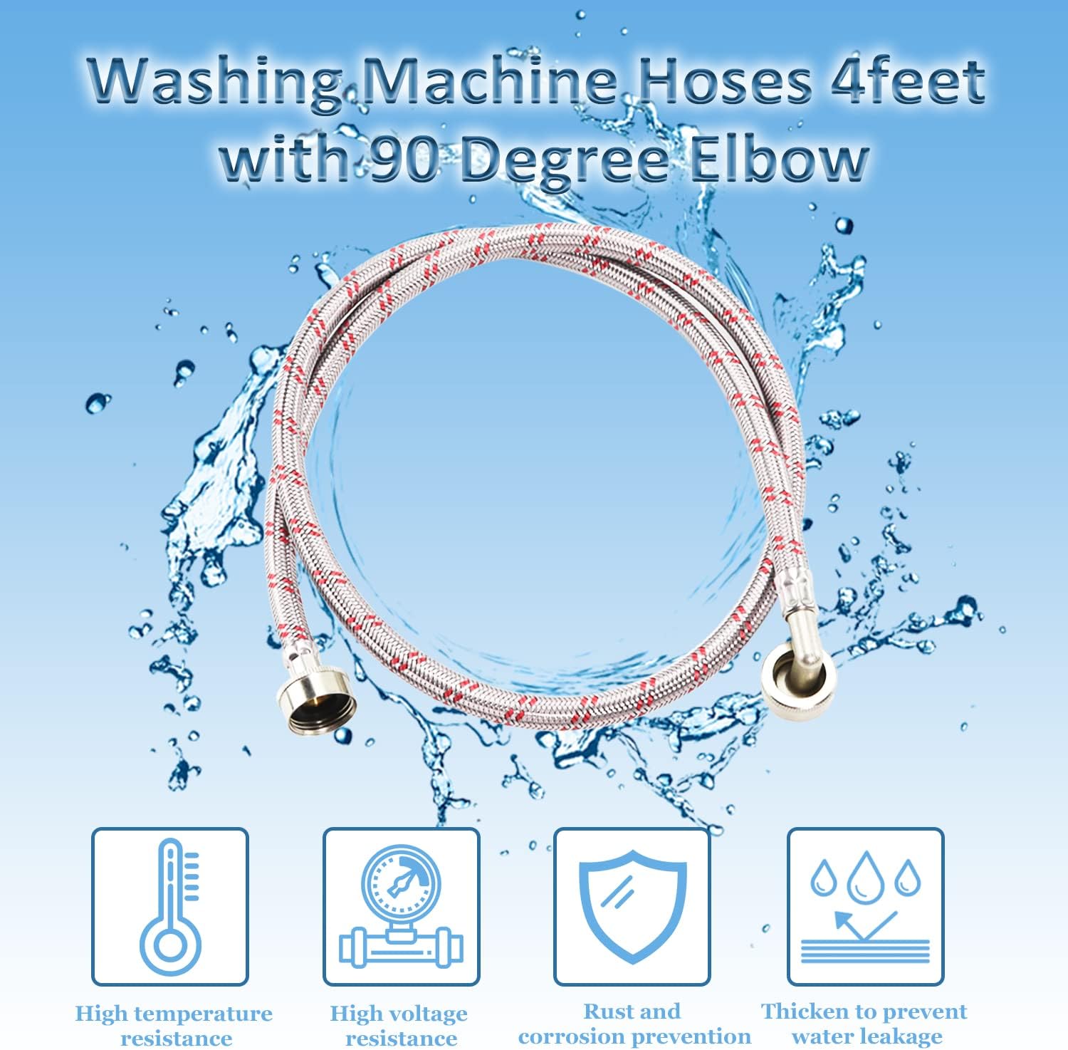 4ft Stainless Steel Washing Machine Hoses with 90 Degree Elbow - Burst Proof by Cenipar