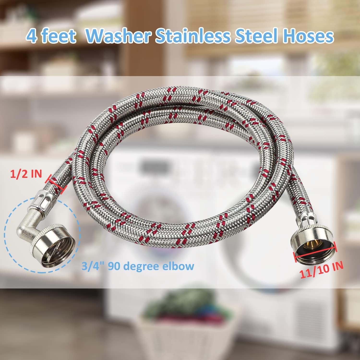 4ft Stainless Steel Washing Machine Hoses with 90 Degree Elbow - Burst Proof by Cenipar