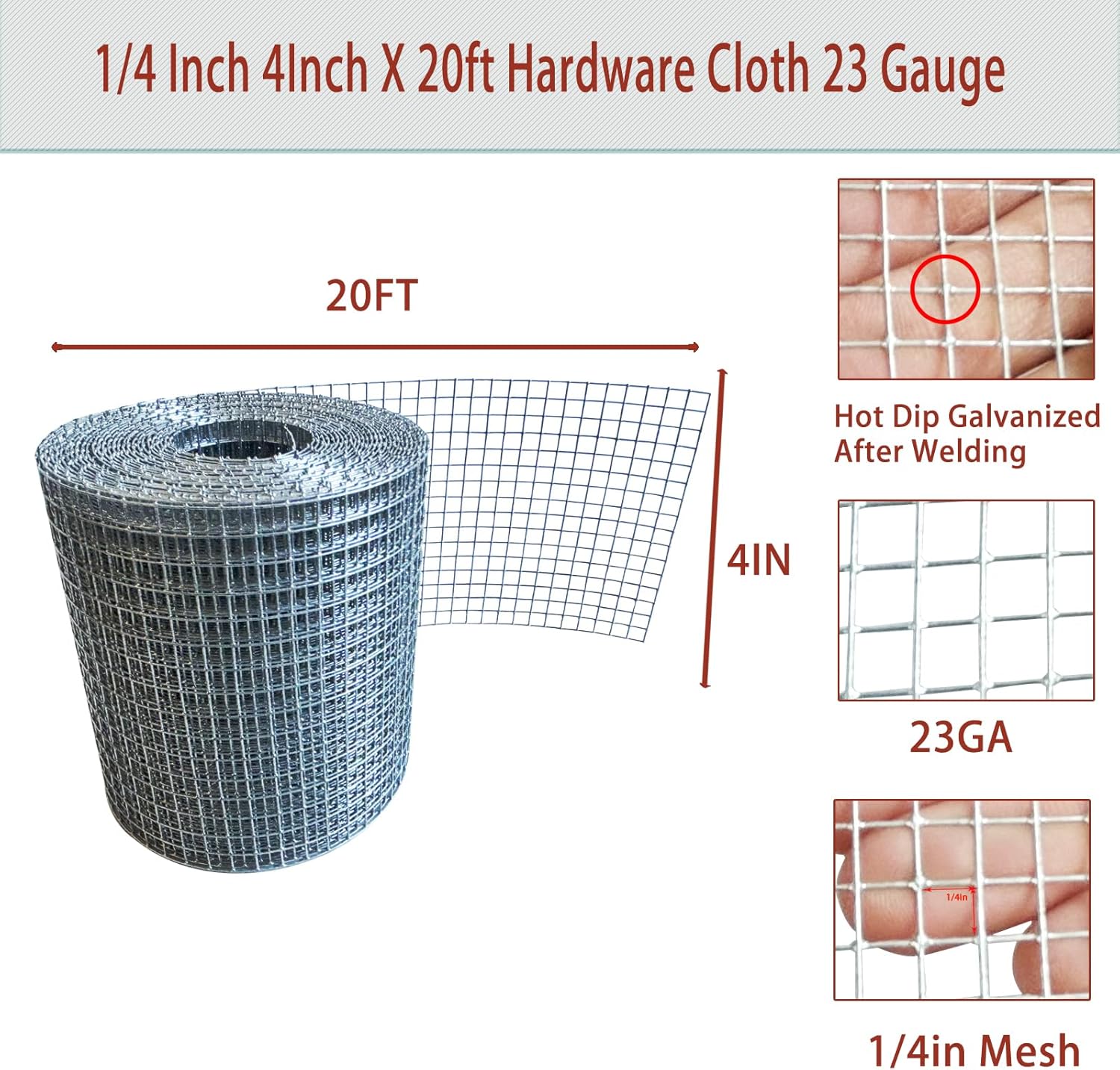 4in x 20ft 1/4 Inch 23 Gauge Galvanized Hardware Cloth Roll for Welded Cage Wire Mesh - Ideal for Handicraft Making - WildKart