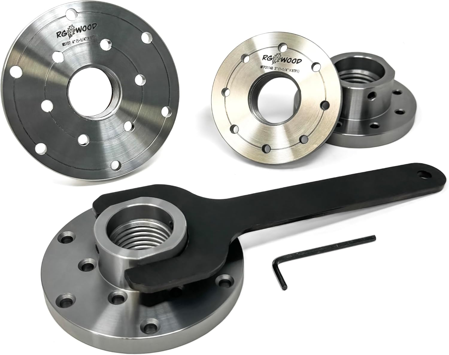 4pc HD Steel Faceplate Set for Wood Lathes | 1-1/4" x 8tpi Spindle | 2x 3" Faceplates, 2x 4" Faceplates | Spanner Wrench Included