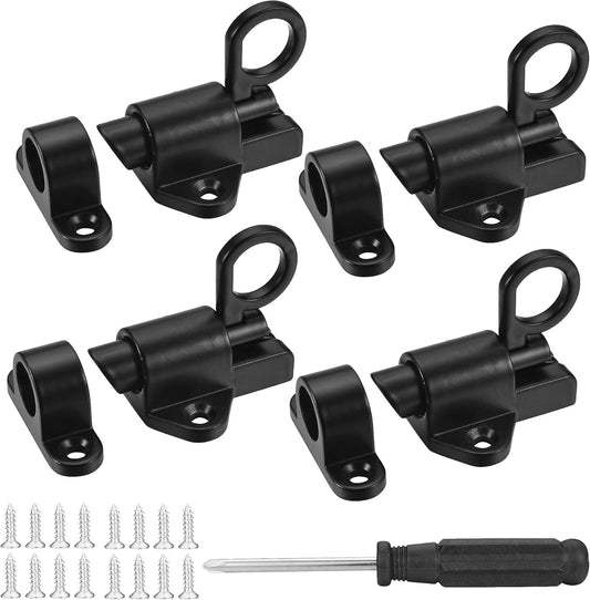 4PC Self-Closing Spring Gate Latch Set for Wooden Fence - Automatic Door Safety Latches - Aluminum Alloy Barrel Slide Lock for Pool, Gate, Cabinet, Window - Black Color