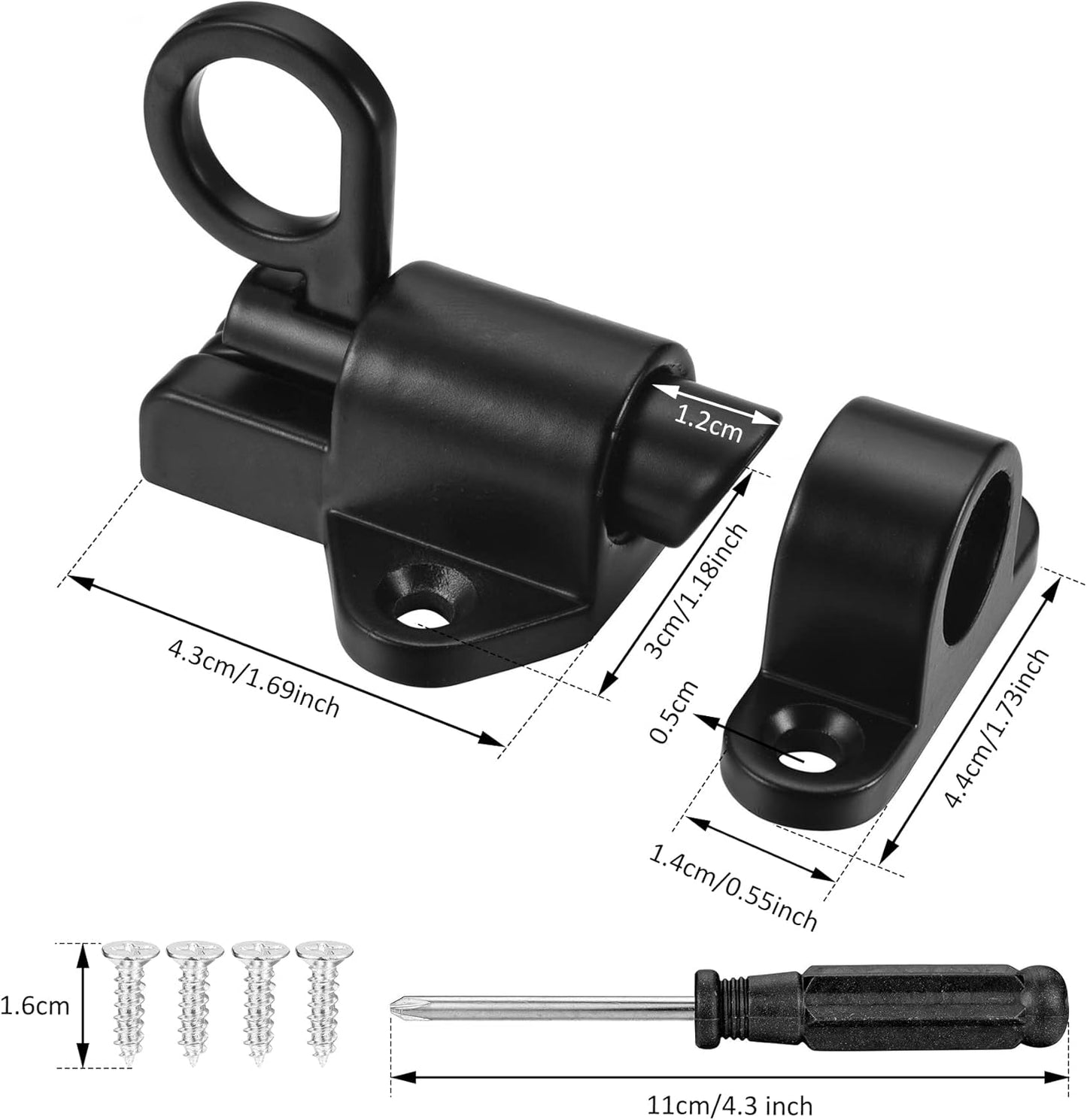 4PC Self-Closing Spring Gate Latch Set for Wooden Fence - Automatic Door Safety Latches - Aluminum Alloy Barrel Slide Lock for Pool, Gate, Cabinet, Window - Black Color