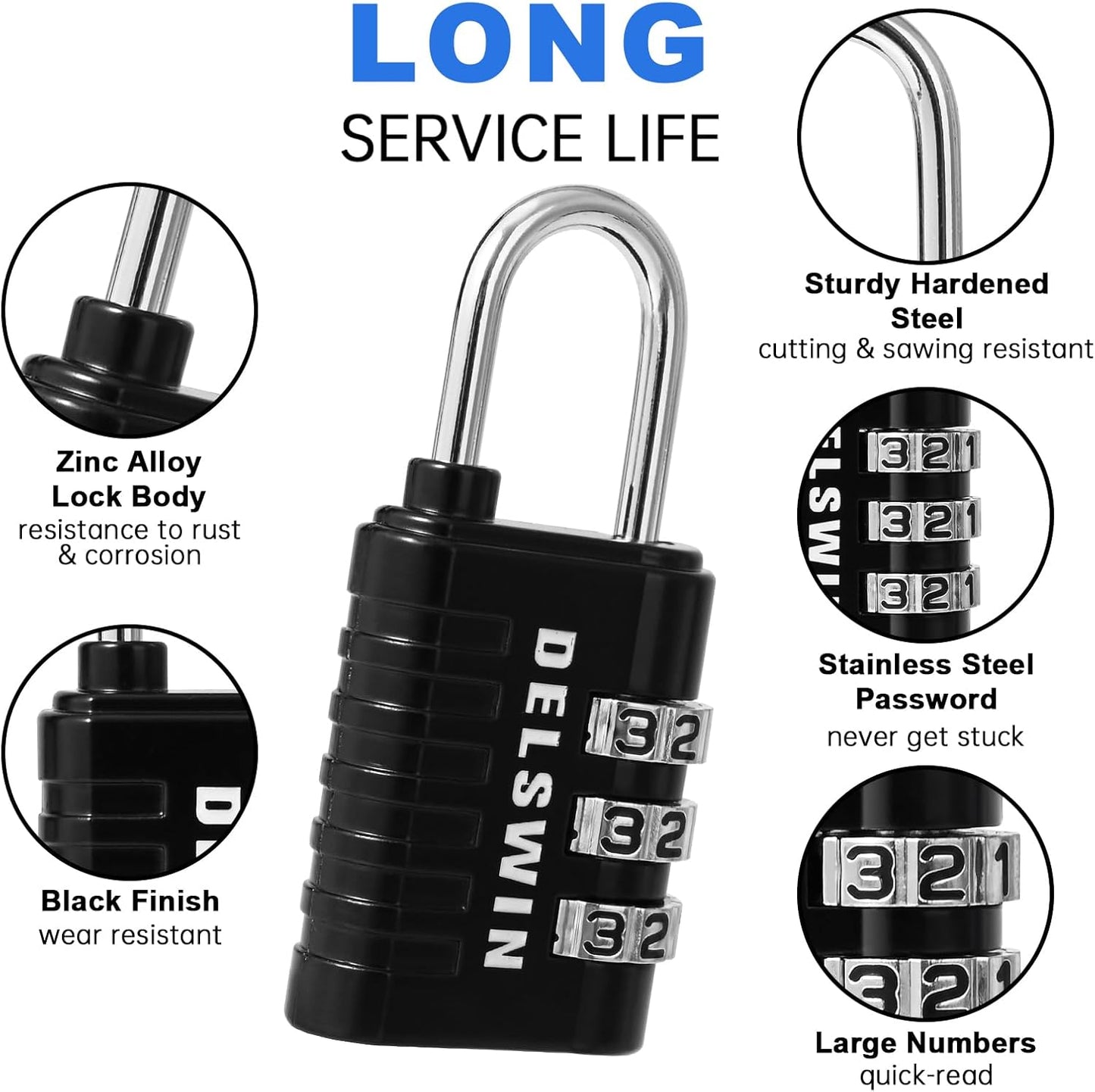 4Pcs DELSWIN Small Combination Locks - Resettable 3-Digit Padlocks for School Gym Locker, Outdoor, Waterproof Luggage Locks - WildKart
