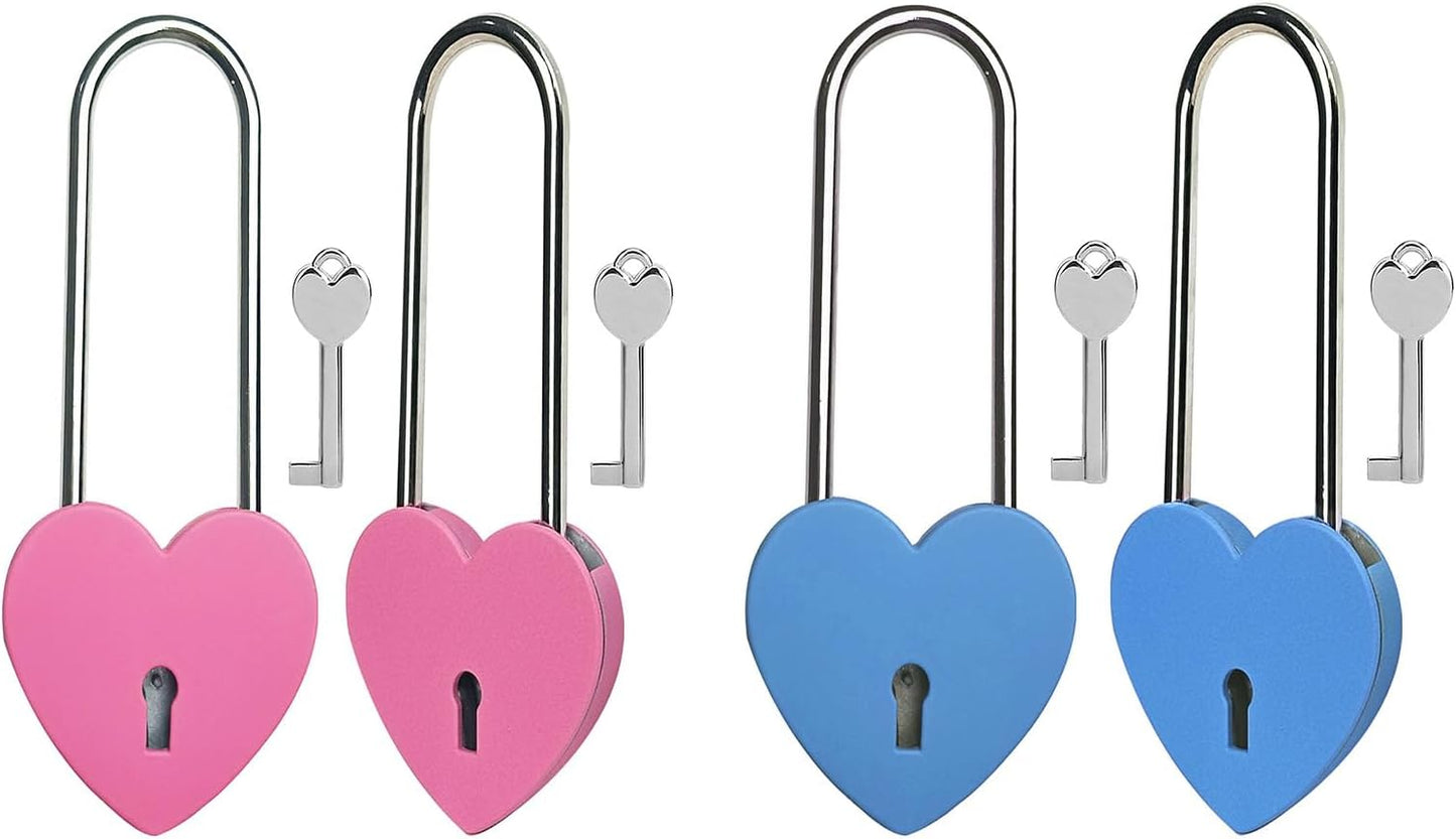 4pcs Gradleen 3.5 Inches Heart Lock with Key, Rose Red and Blue 50mm Love Padlock Rubber Painting Metal Love Lock for Lovelock Bridge, Jewelry Box, Diary Book, Card Box