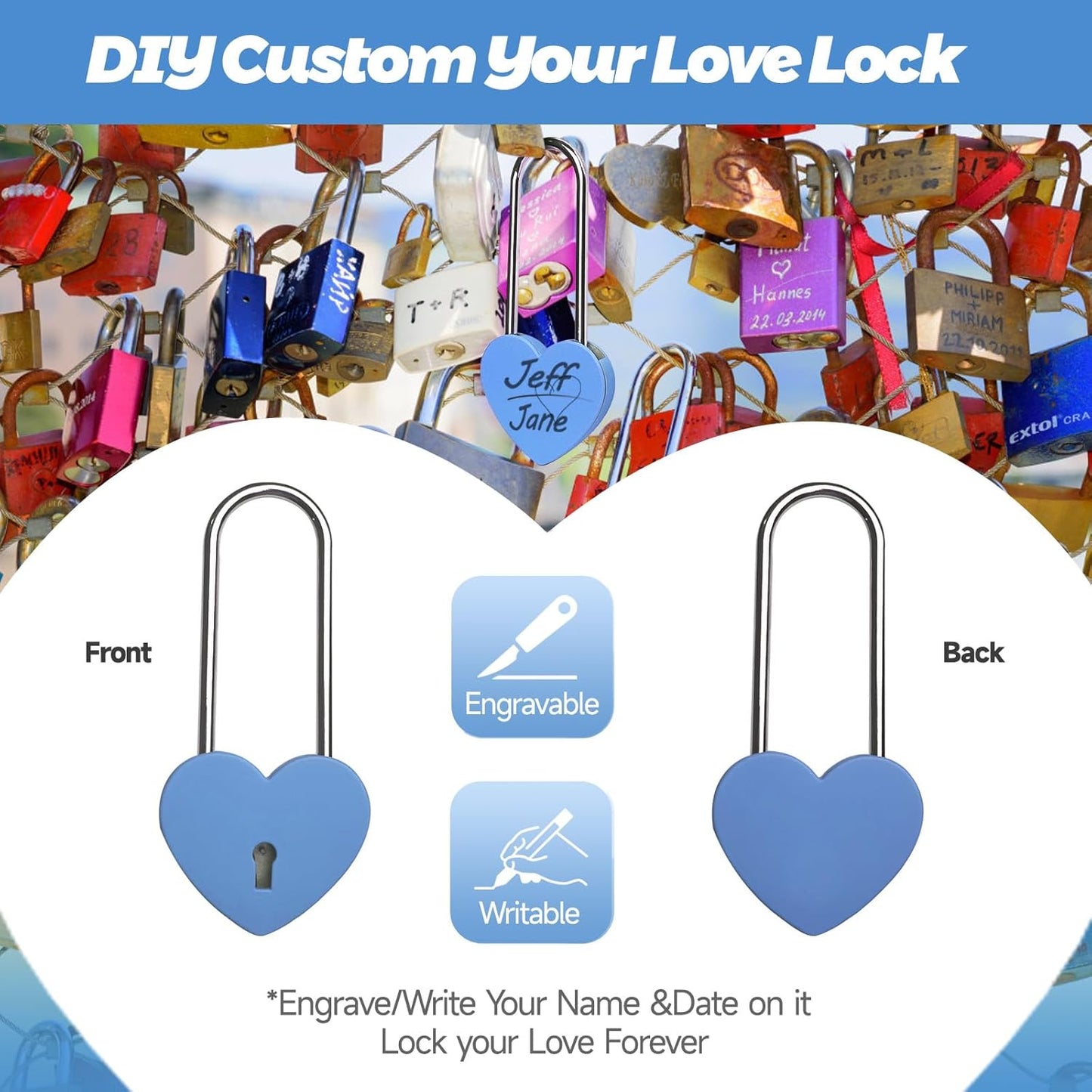 4pcs Gradleen 3.5 Inches Heart Lock with Key, Rose Red and Blue 50mm Love Padlock Rubber Painting Metal Love Lock for Lovelock Bridge, Jewelry Box, Diary Book, Card Box