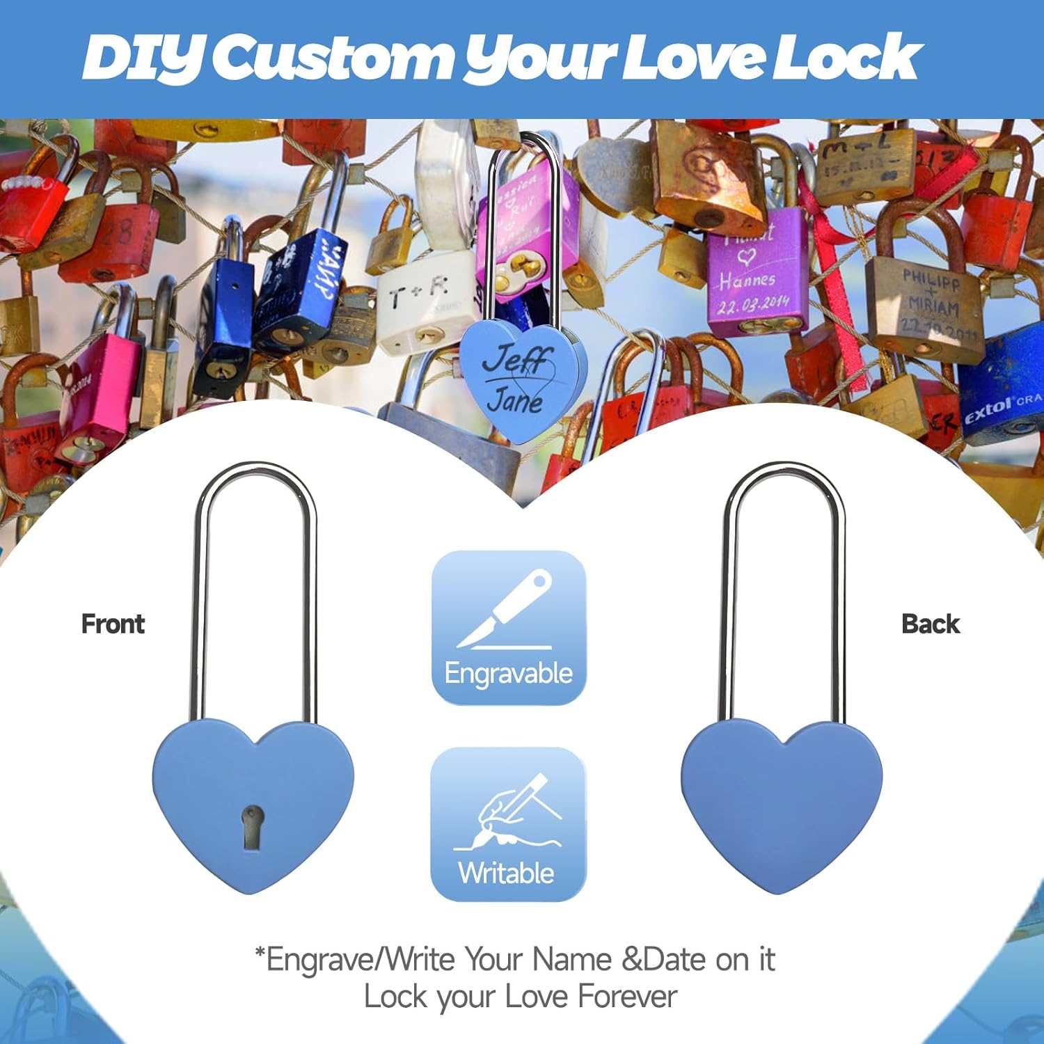 4pcs Gradleen 3.5 Inches Heart Lock with Key, Rose Red and Blue 50mm Love Padlock Rubber Painting Metal Love Lock for Lovelock Bridge, Jewelry Box, Diary Book, Card Box