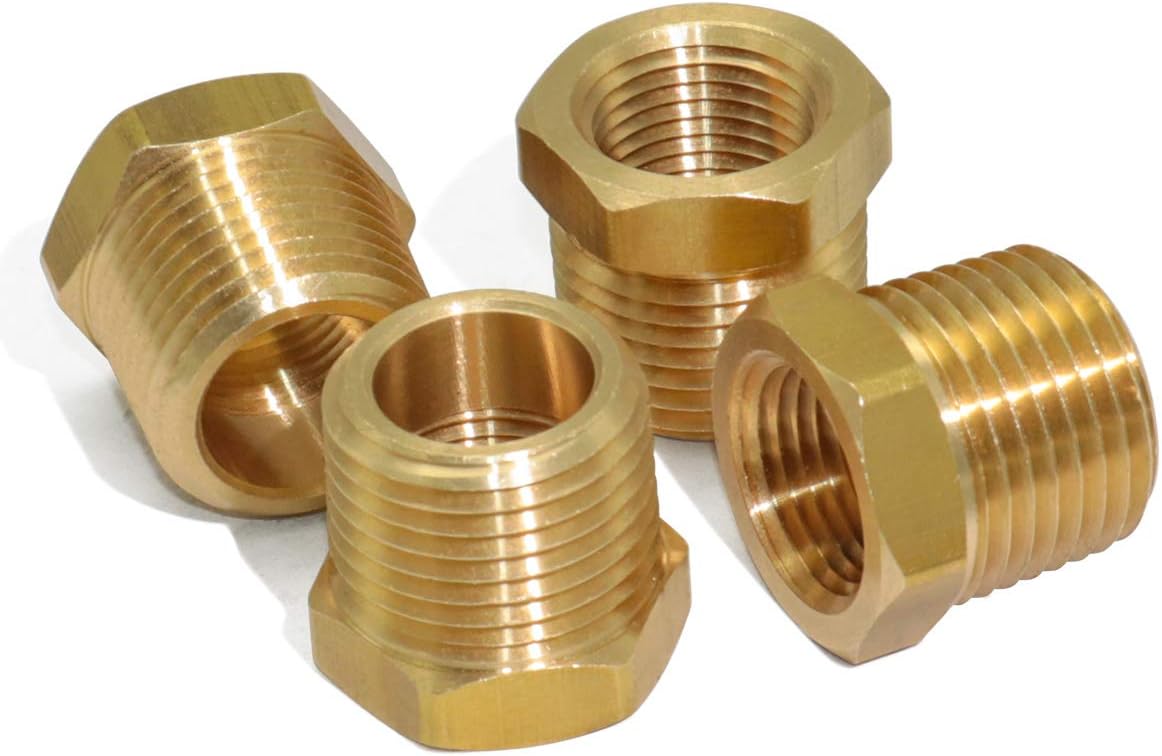 4pcs Heavy Duty Brass Reducer Hex Bushing Fitting Set - 1/2" NPT Male to 3/8" NPT Female Adapter for Pipe/Hose Tube