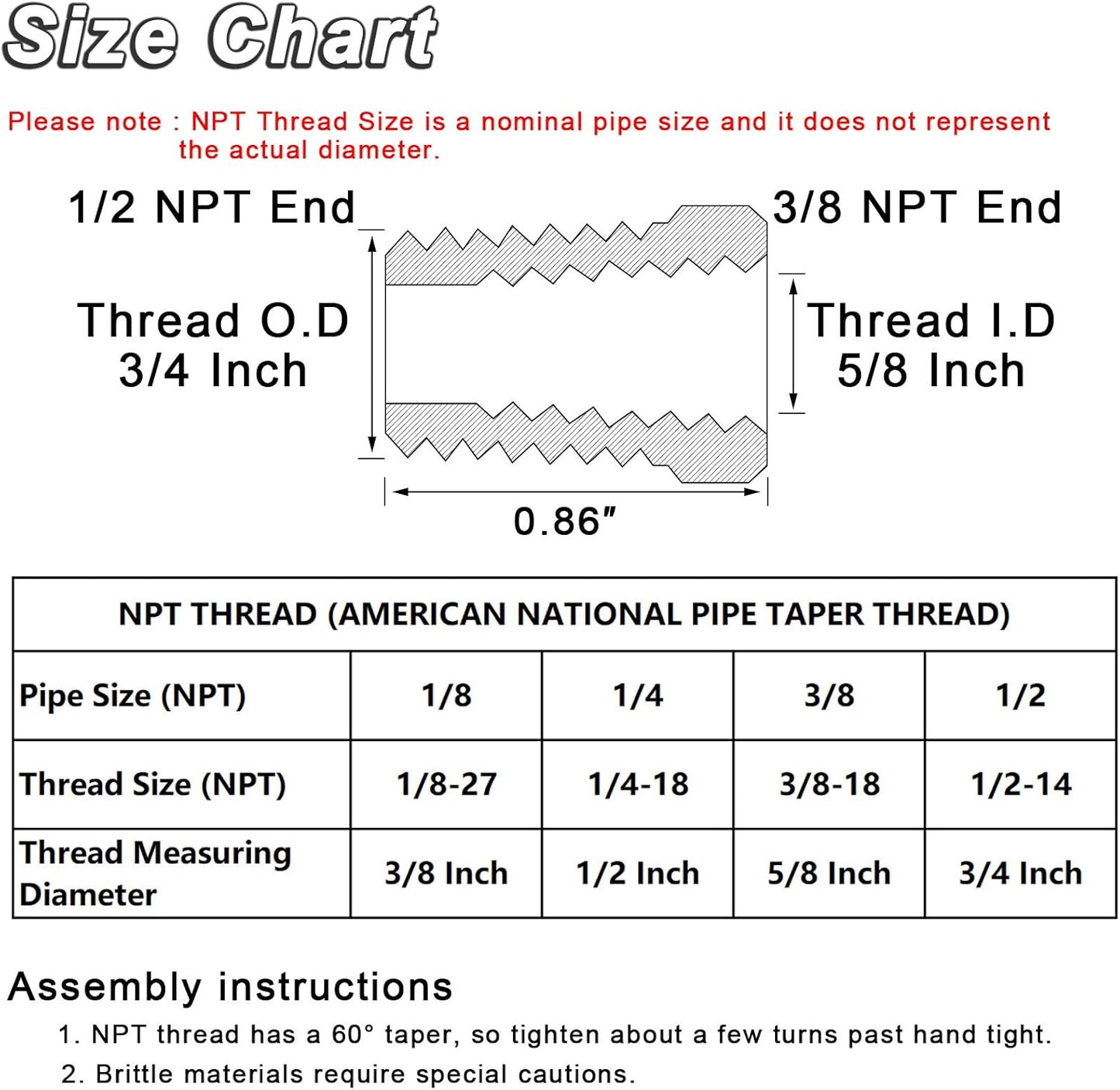 4pcs Heavy Duty Brass Reducer Hex Bushing Fitting Set - 1/2" NPT Male to 3/8" NPT Female Adapter for Pipe/Hose Tube
