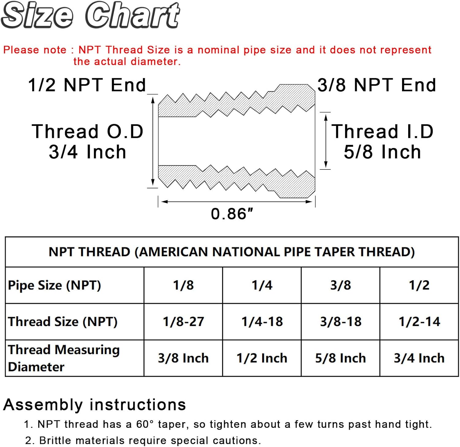 4pcs Heavy Duty Brass Reducer Hex Bushing Fitting Set - 1/2" NPT Male to 3/8" NPT Female Adapter for Pipe/Hose Tube