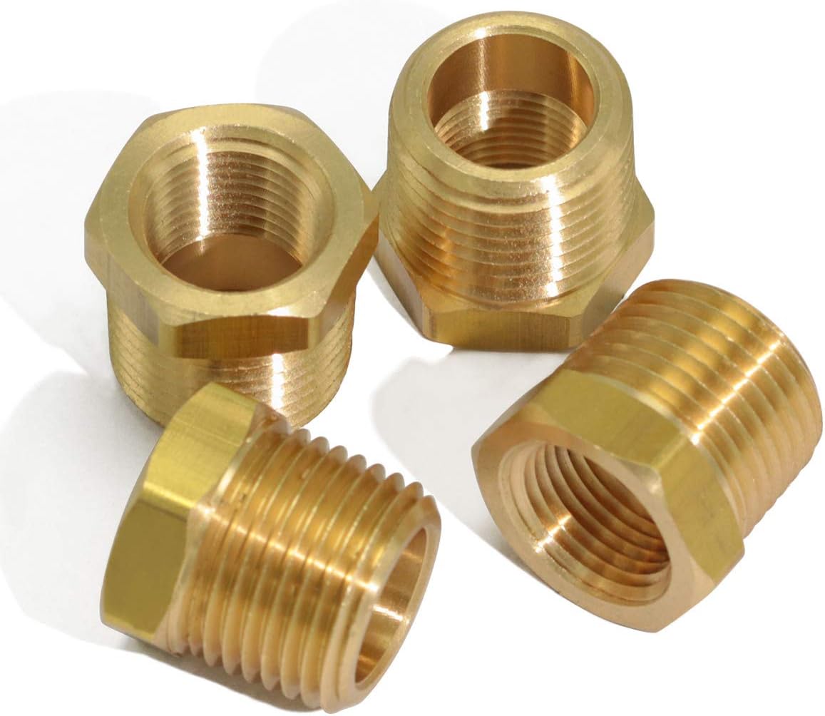 4pcs Heavy Duty Brass Reducer Hex Bushing Fitting Set - 1/2" NPT Male to 3/8" NPT Female Adapter for Pipe/Hose Tube