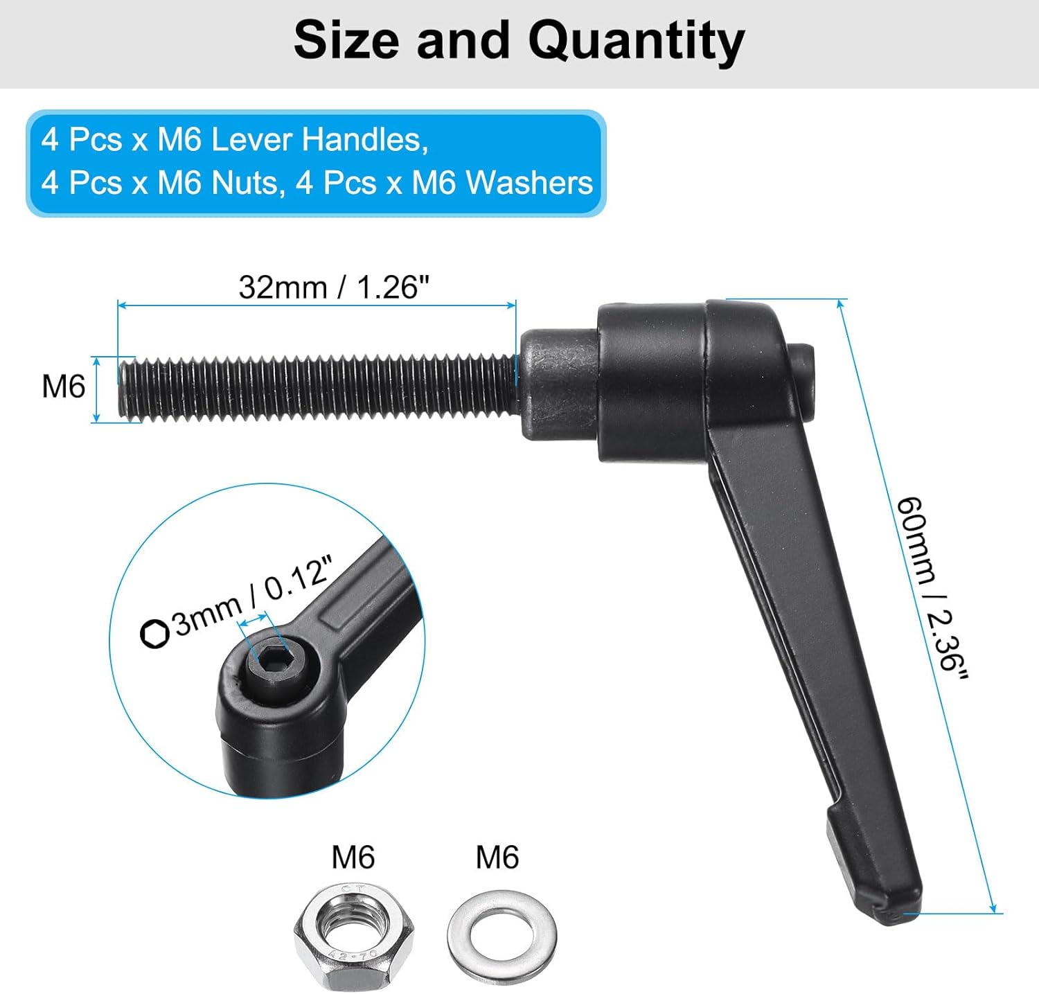 4pcs M6 x 32mm Lever Adjustable Handles Set with Nuts Washers, Rotating Screw Knobs, Black