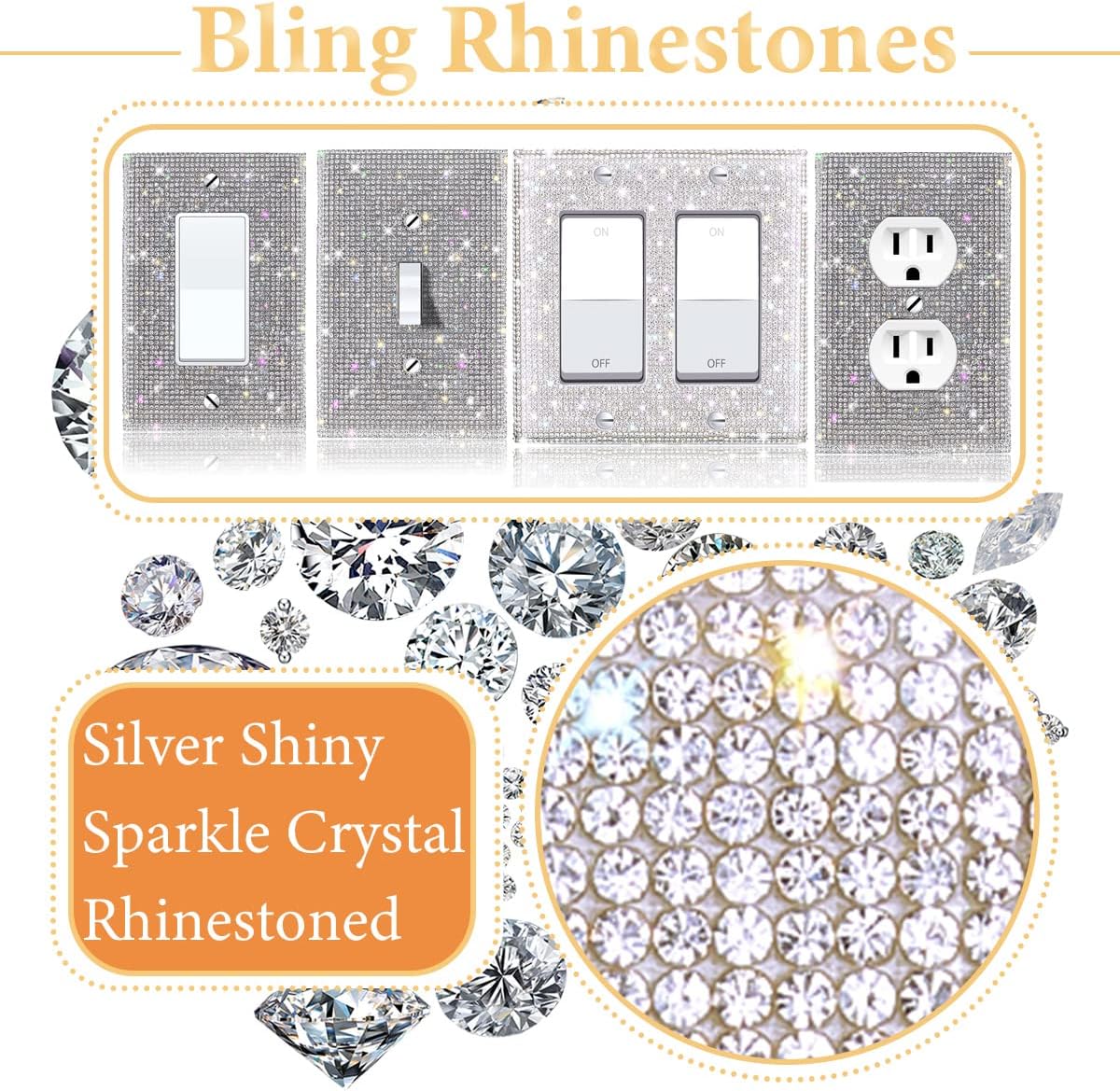 4PCS Silver Rhinestone Light Switch Cover Set - Bling Crystal Sparkle Wall Plate Cover