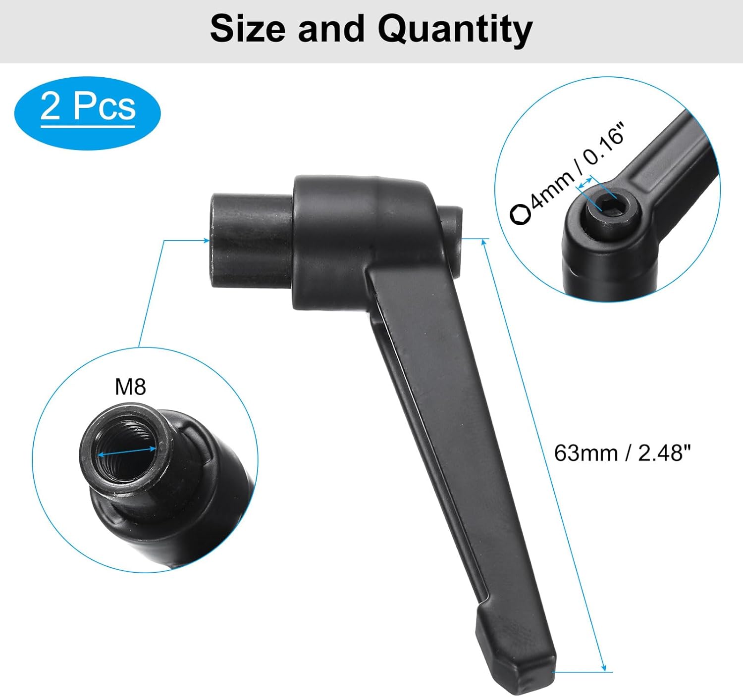 4pcs uxcell Black Clamping Lever Adjustable Handle Set M8 x 25mm Male & Female Thread Level Handles for Lathe Machinery