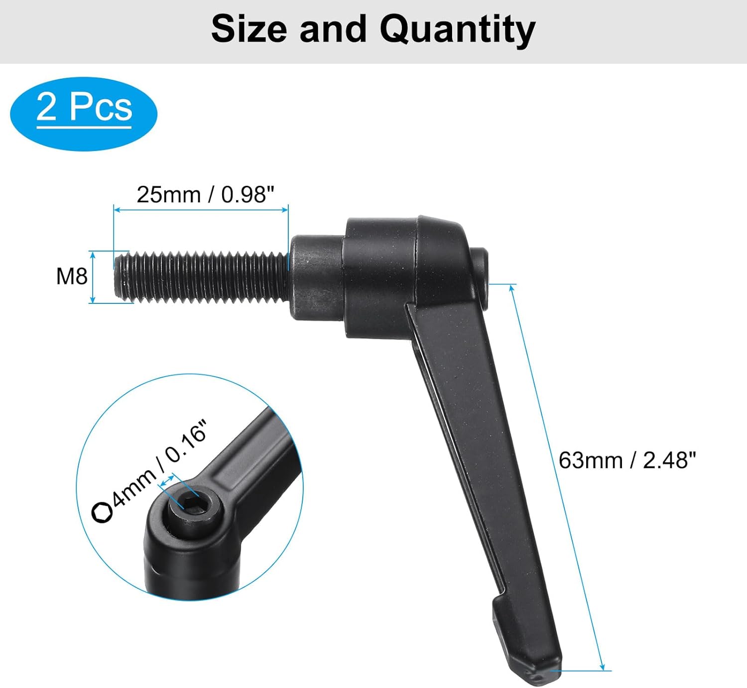 4pcs uxcell Black Clamping Lever Adjustable Handle Set M8 x 25mm Male & Female Thread Level Handles for Lathe Machinery