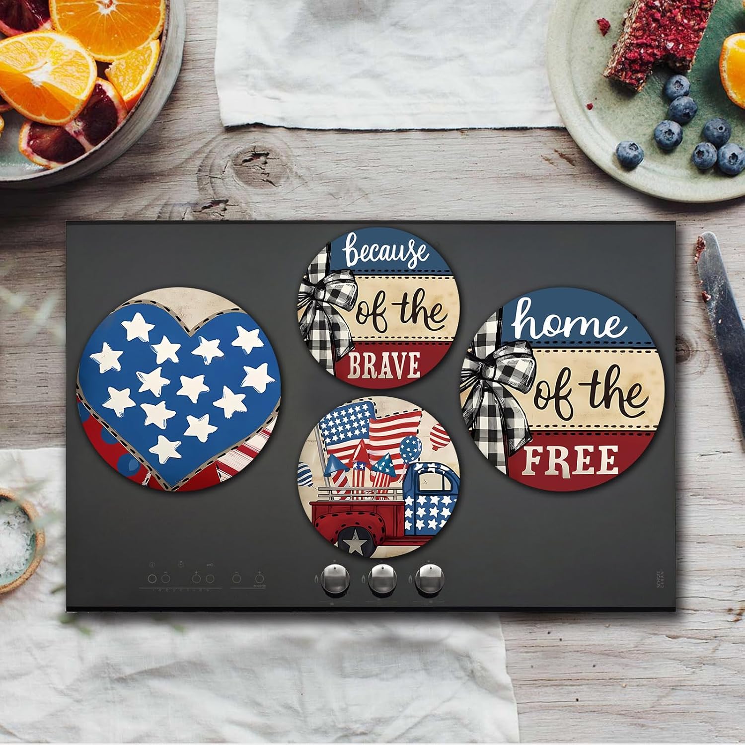 4th of July American Flag Stove Burner Covers Set, 4 Pcs Metal Cooktop Covers for Gas Stoves, Independence Day Farmhouse Decor, 8" and 10" Sizes