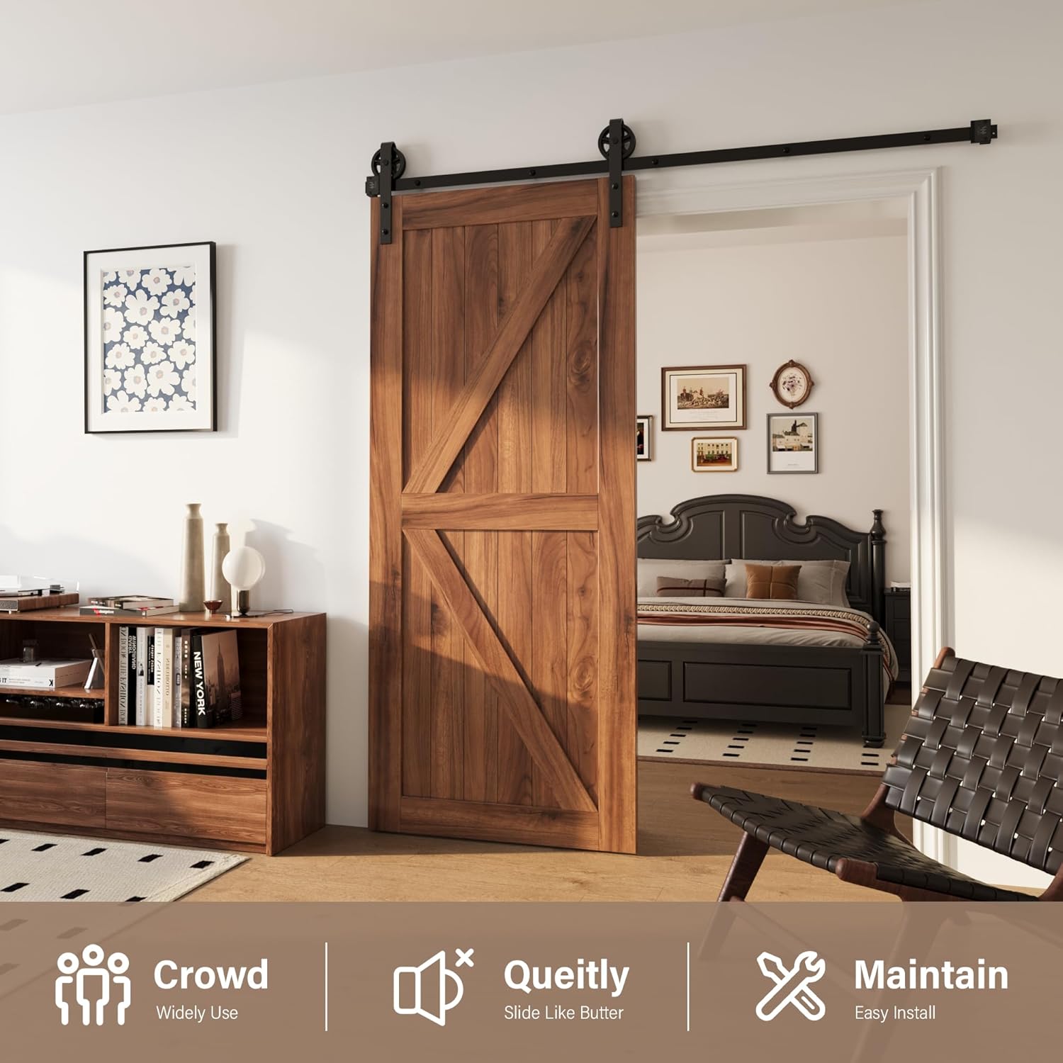 5-16FT Single Wood Sliding Barn Door Hardware Kit - Basic Black Big Spoke Wheel Roller - Carbon Steel Flat Track System - WildKart