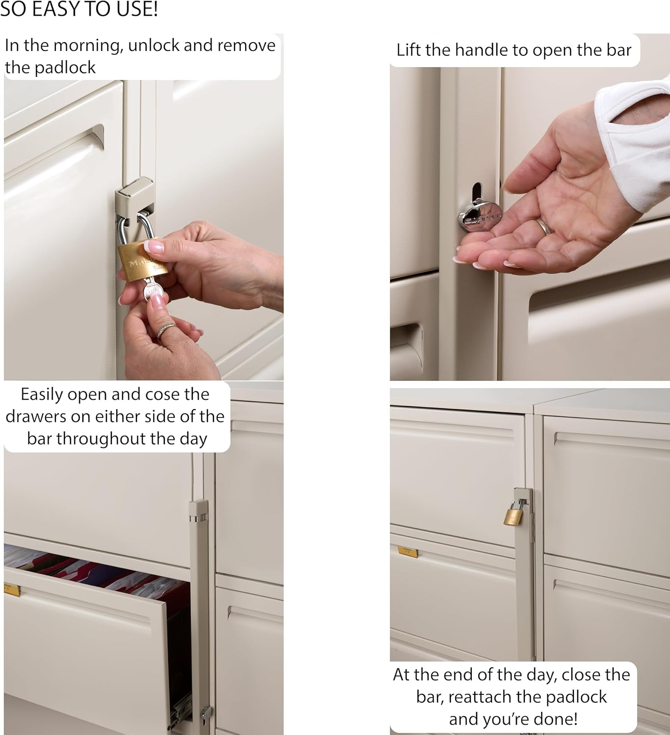5-Drawer File Cabinet Locking Bar with Padlock and Drill Bit - Beige Guardianite Security Bar for File Cabinets