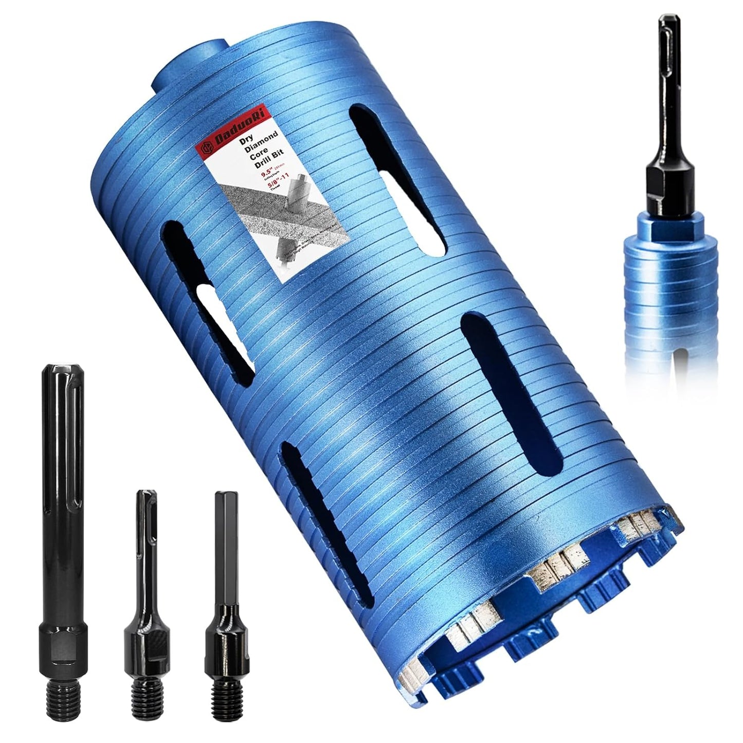 5" Dry Core Drill Bit with 3 Adapters: SDS Plus, SDS Max, 1/2" Hex - 9.5" Drilling Depth Diamond Concrete Core Bits for Brick, Block, Stucco, Masonry